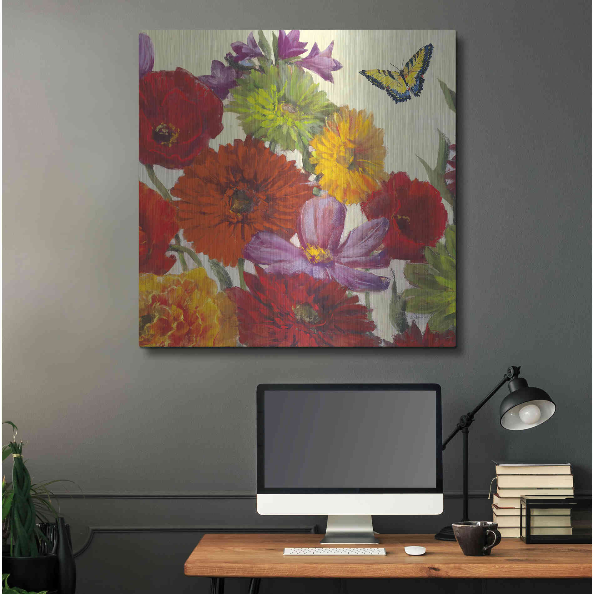 Luxe Metal Art 'Butterfly Flower Scatter II' by Carol Rowan, Metal Wall Art,36x36