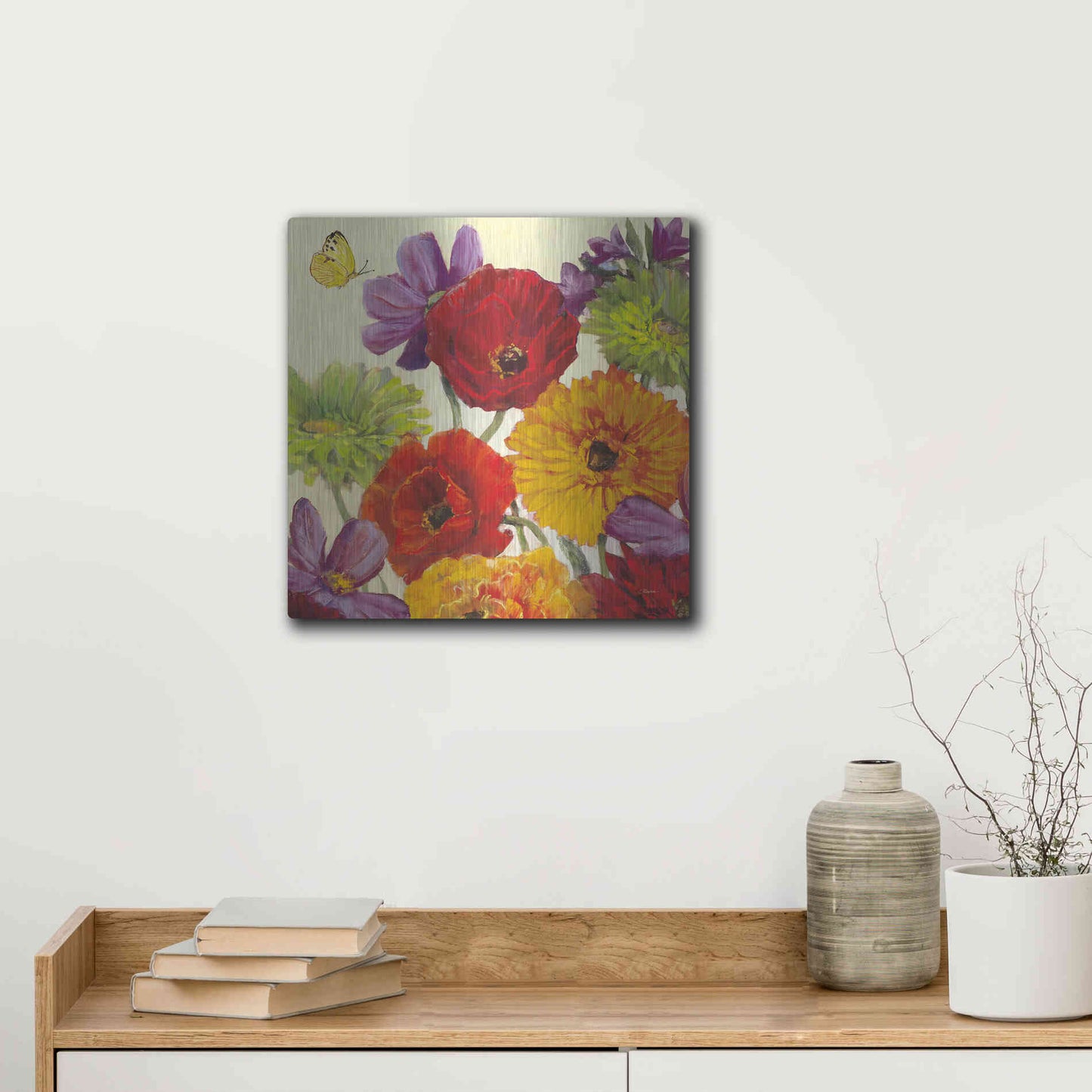 Luxe Metal Art 'Butterfly Flower Scatter III' by Carol Rowan, Metal Wall Art,12x12