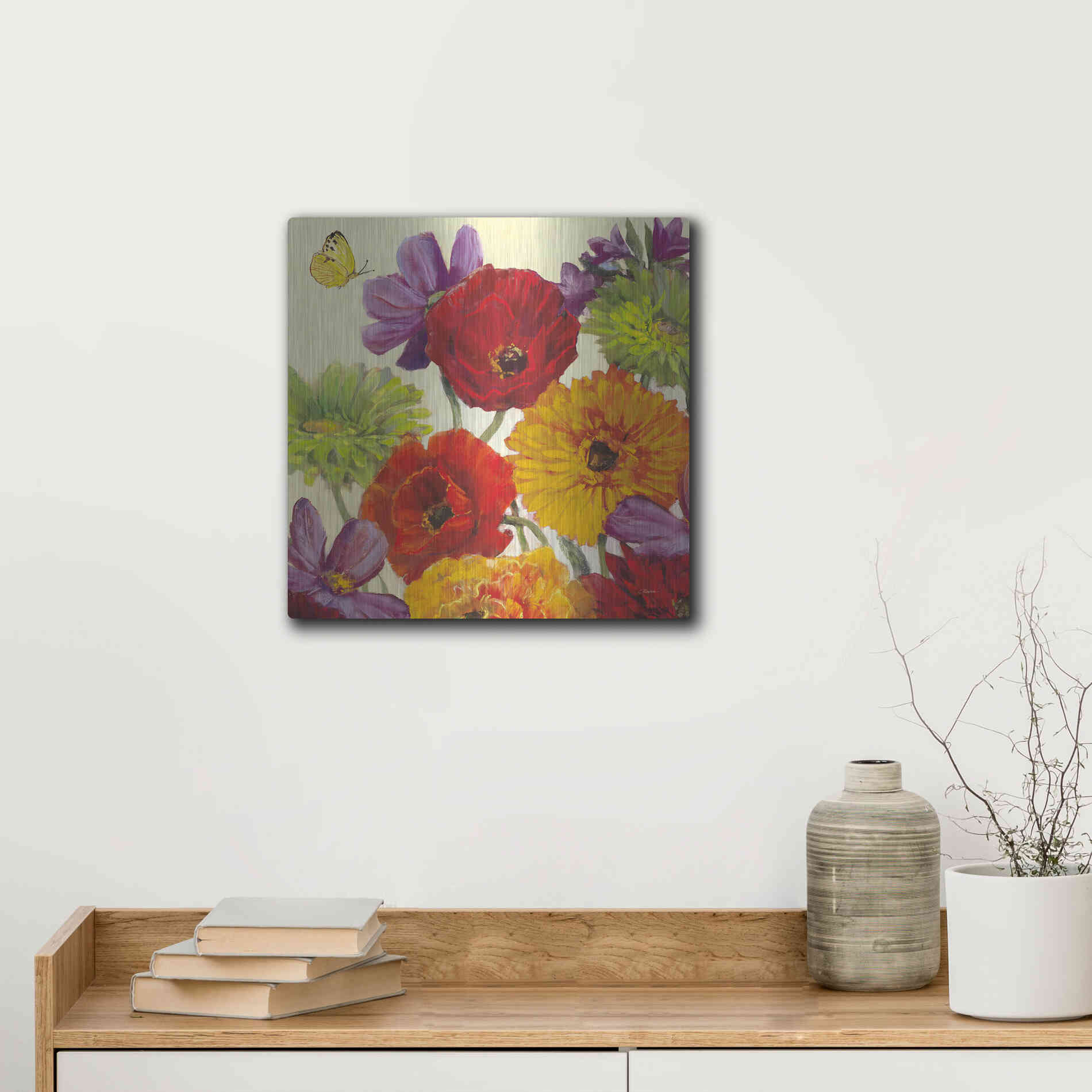 Luxe Metal Art 'Butterfly Flower Scatter III' by Carol Rowan, Metal Wall Art,12x12