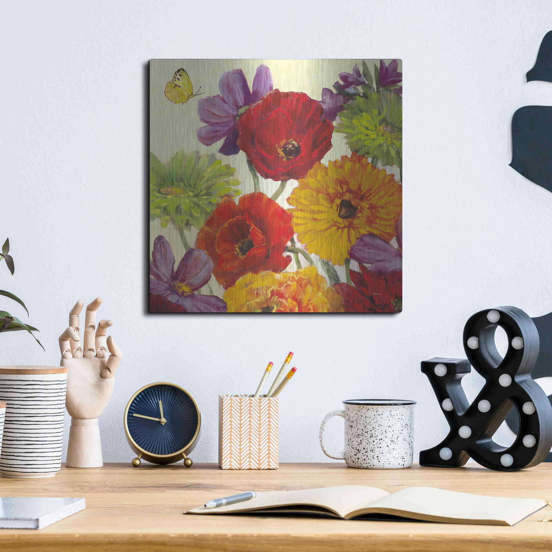 Luxe Metal Art 'Butterfly Flower Scatter III' by Carol Rowan, Metal Wall Art,12x12