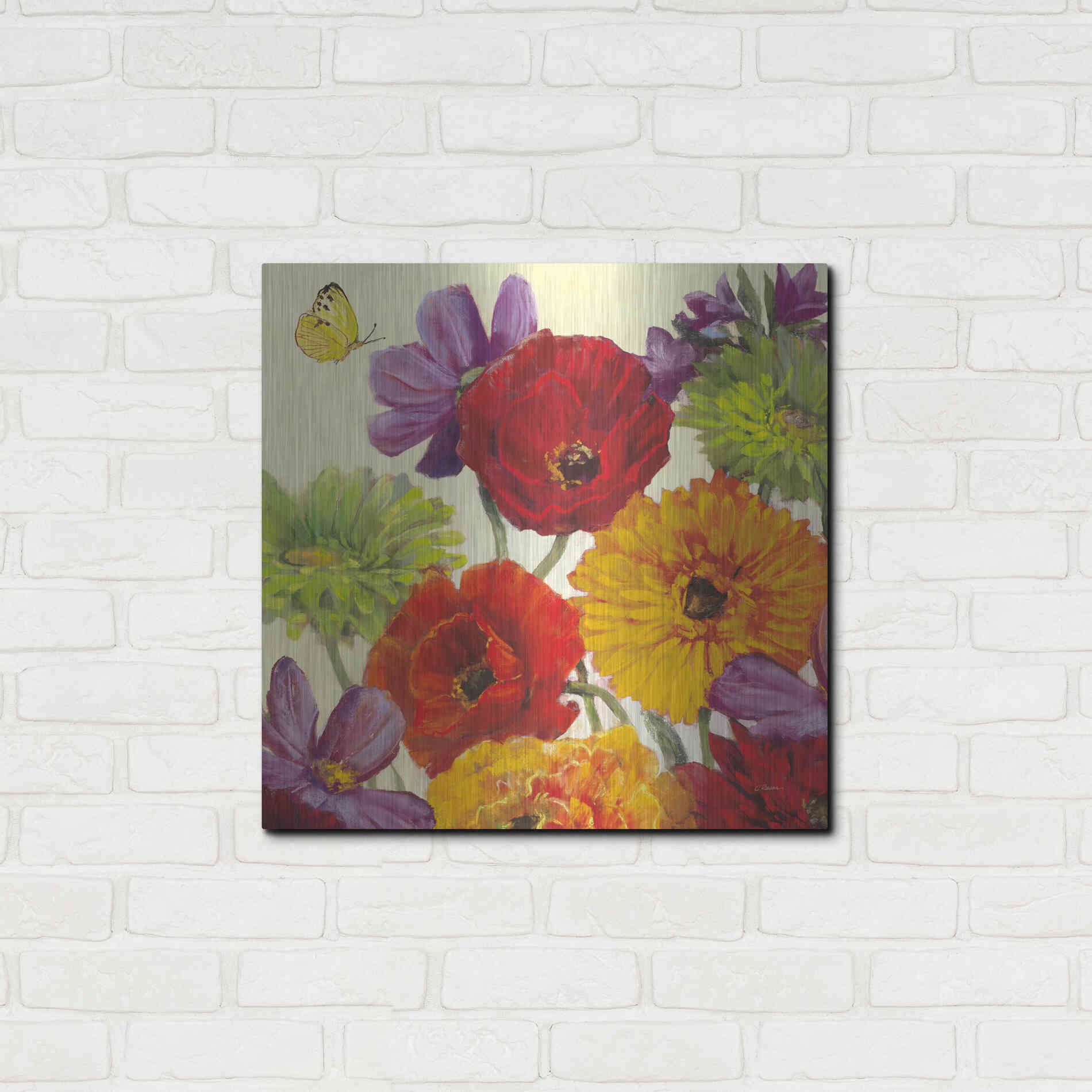 Luxe Metal Art 'Butterfly Flower Scatter III' by Carol Rowan, Metal Wall Art,24x24