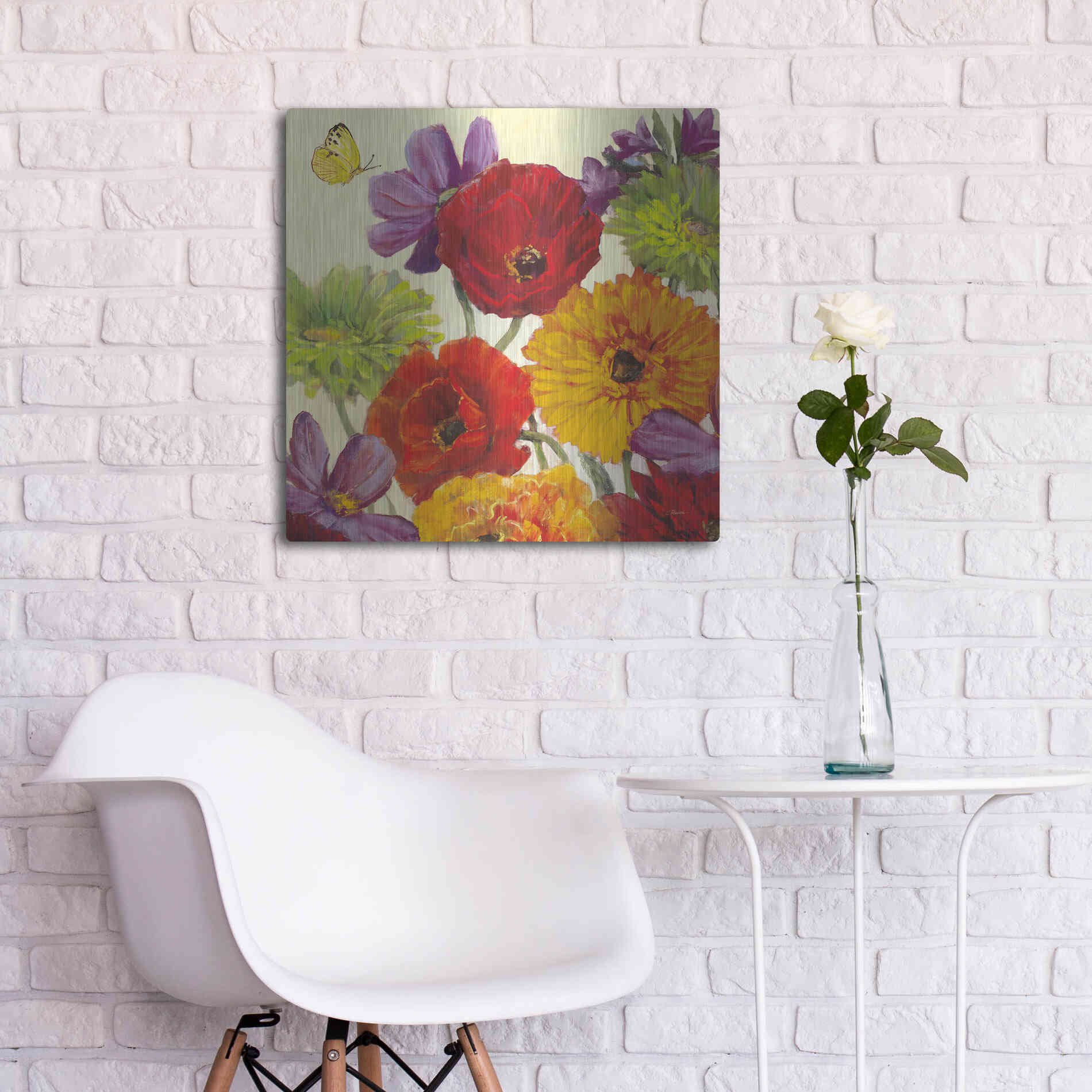 Luxe Metal Art 'Butterfly Flower Scatter III' by Carol Rowan, Metal Wall Art,24x24