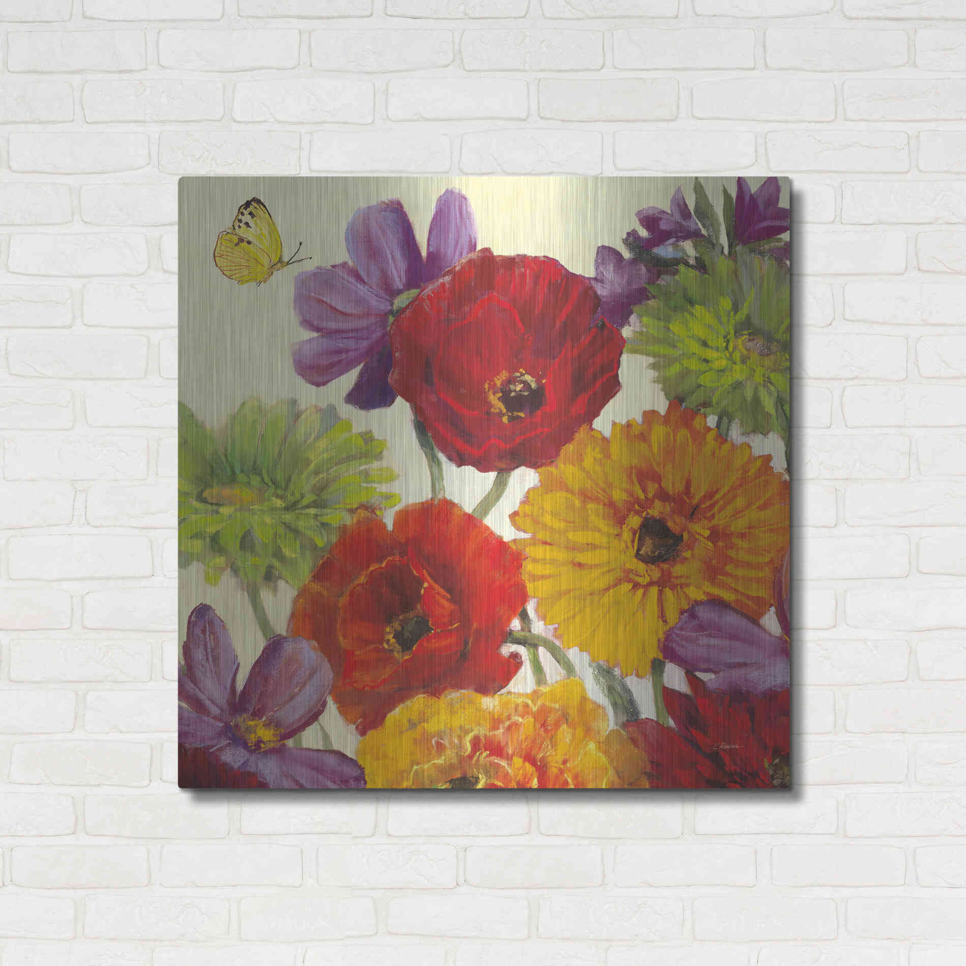 Luxe Metal Art 'Butterfly Flower Scatter III' by Carol Rowan, Metal Wall Art,36x36