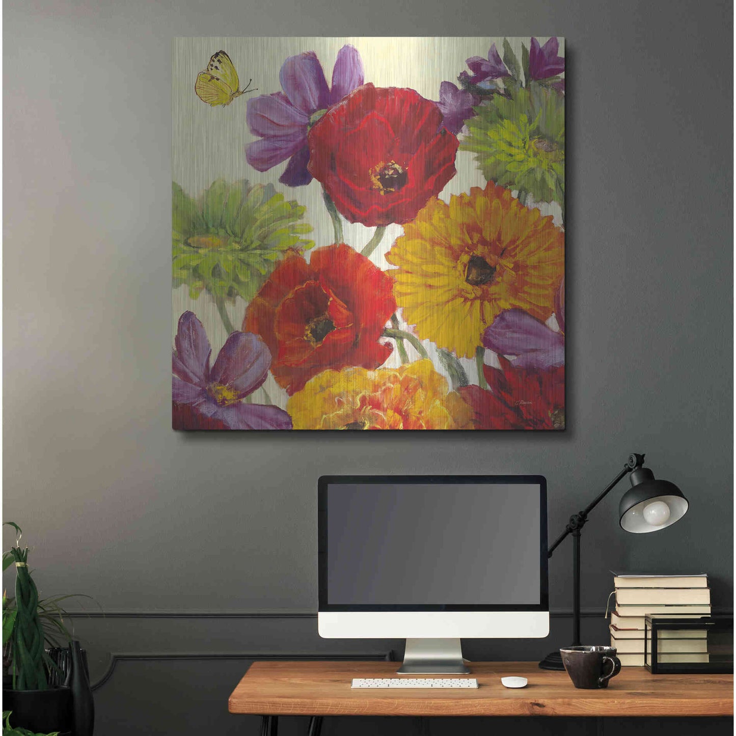 Luxe Metal Art 'Butterfly Flower Scatter III' by Carol Rowan, Metal Wall Art,36x36