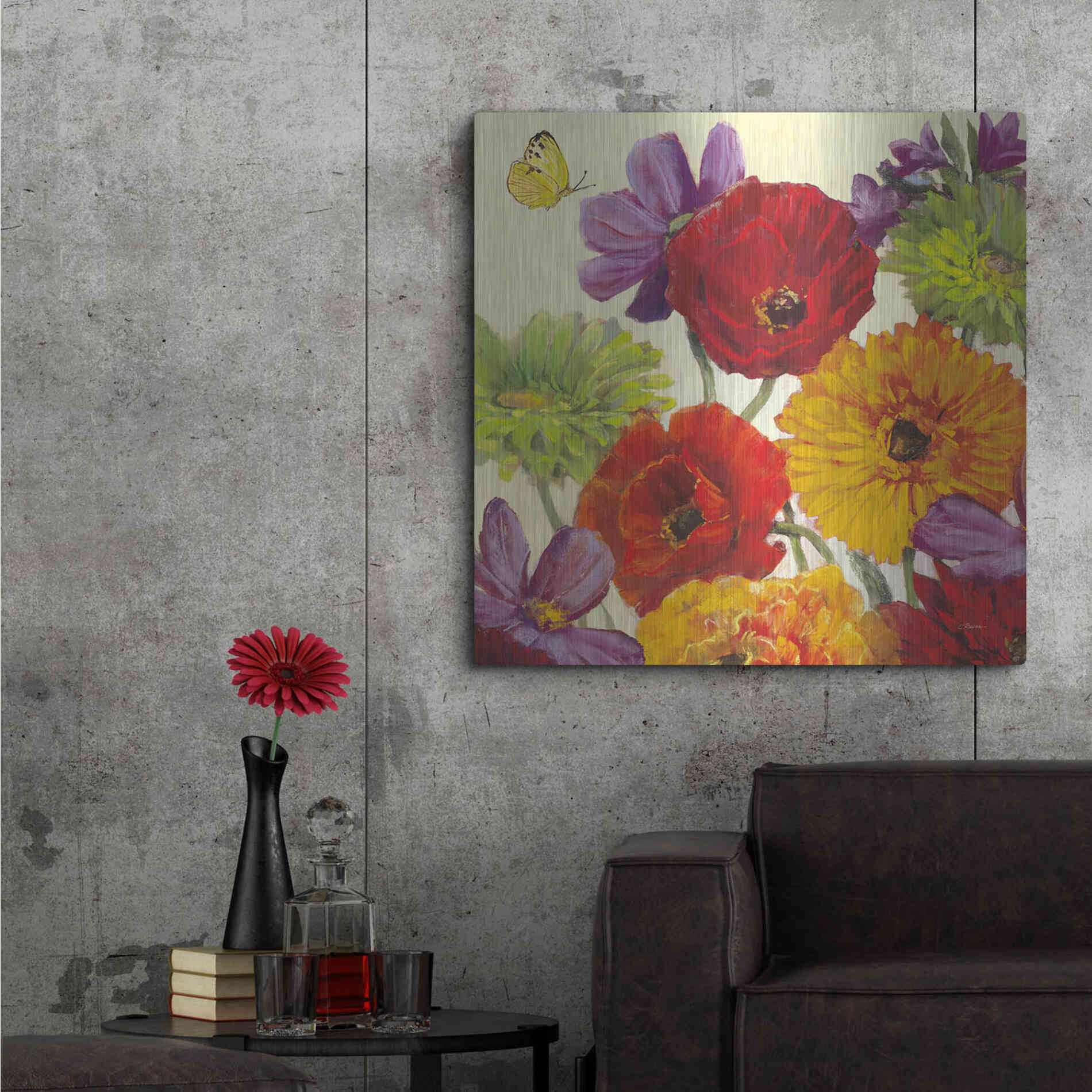 Luxe Metal Art 'Butterfly Flower Scatter III' by Carol Rowan, Metal Wall Art,36x36