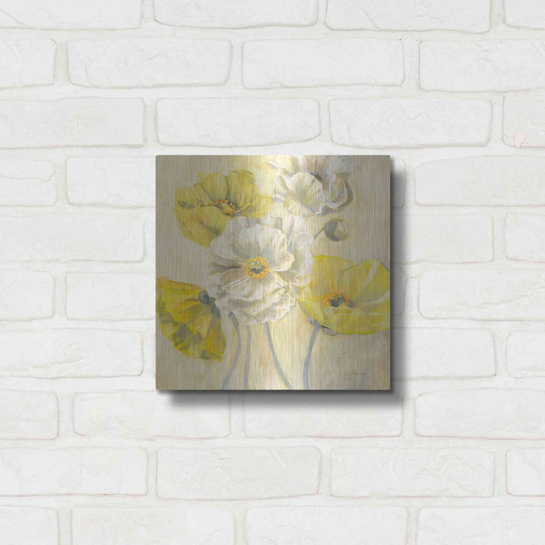 Luxe Metal Art 'Gold And White Contemporary Poppies I' by Carol Rowan, Metal Wall Art,12x12