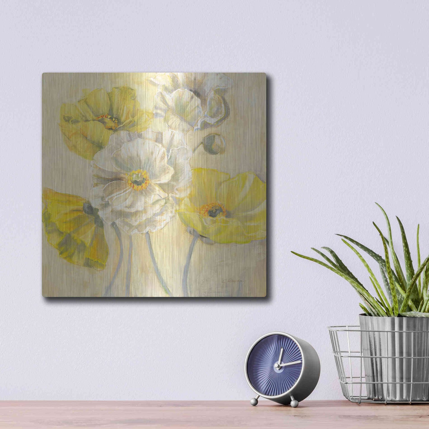 Luxe Metal Art 'Gold And White Contemporary Poppies I' by Carol Rowan, Metal Wall Art,12x12