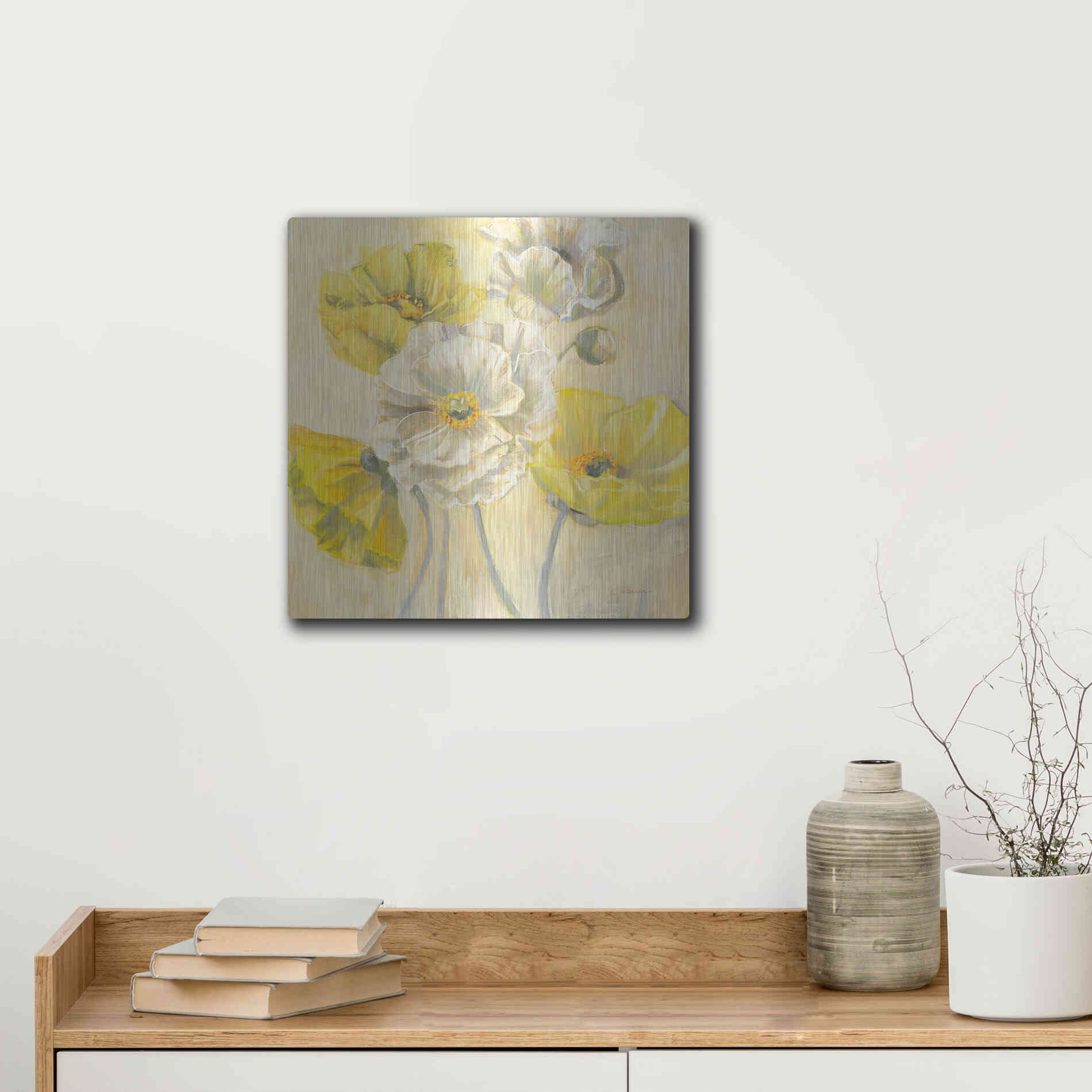 Luxe Metal Art 'Gold And White Contemporary Poppies I' by Carol Rowan, Metal Wall Art,12x12