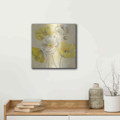 Luxe Metal Art 'Gold And White Contemporary Poppies I' by Carol Rowan, Metal Wall Art,12x12
