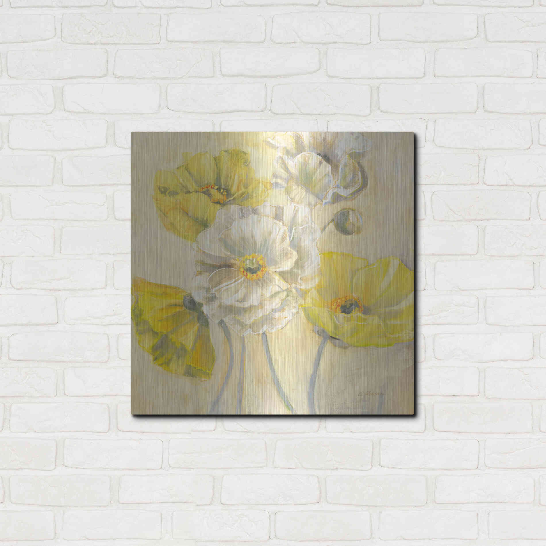 Luxe Metal Art 'Gold And White Contemporary Poppies I' by Carol Rowan, Metal Wall Art,24x24