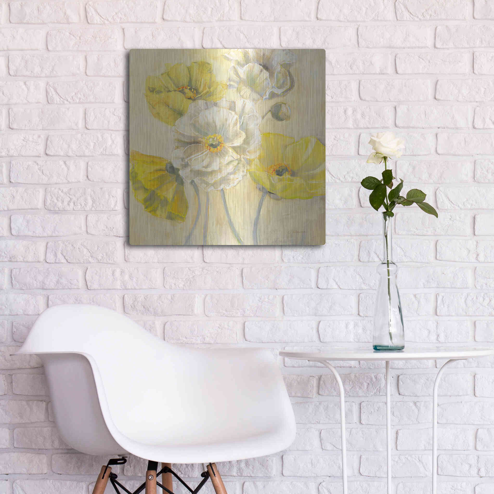 Luxe Metal Art 'Gold And White Contemporary Poppies I' by Carol Rowan, Metal Wall Art,24x24
