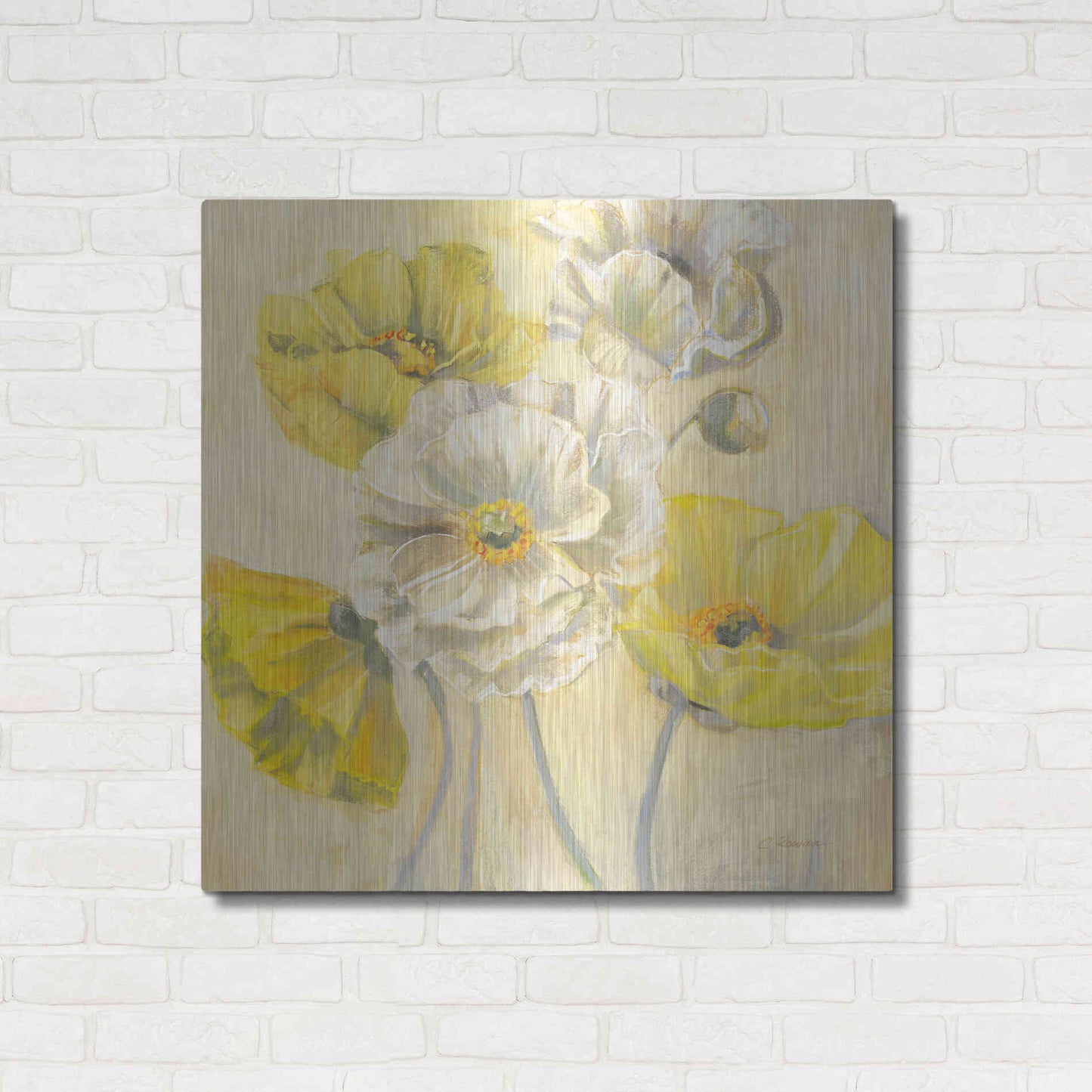 Luxe Metal Art 'Gold And White Contemporary Poppies I' by Carol Rowan, Metal Wall Art,36x36