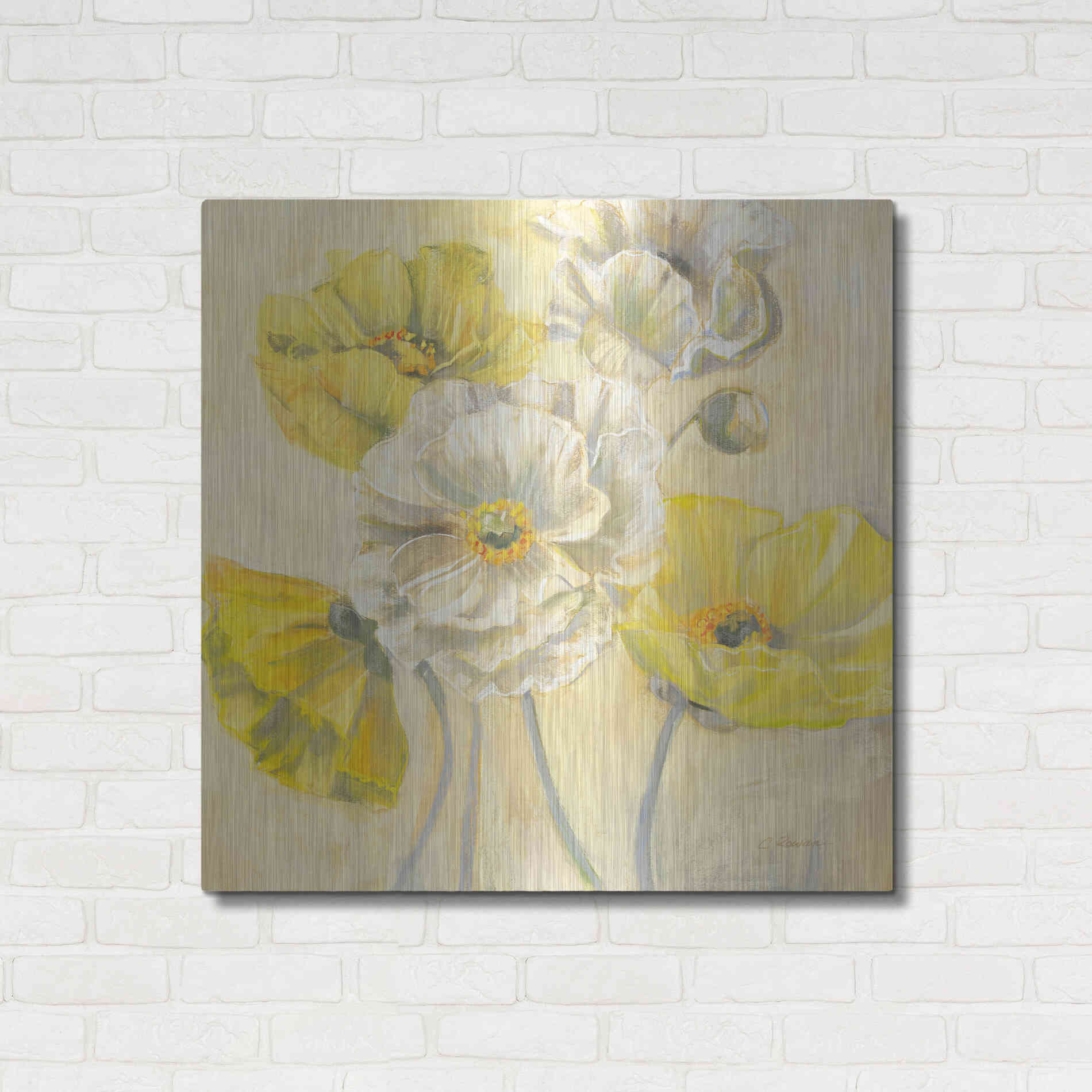 Luxe Metal Art 'Gold And White Contemporary Poppies I' by Carol Rowan, Metal Wall Art,36x36