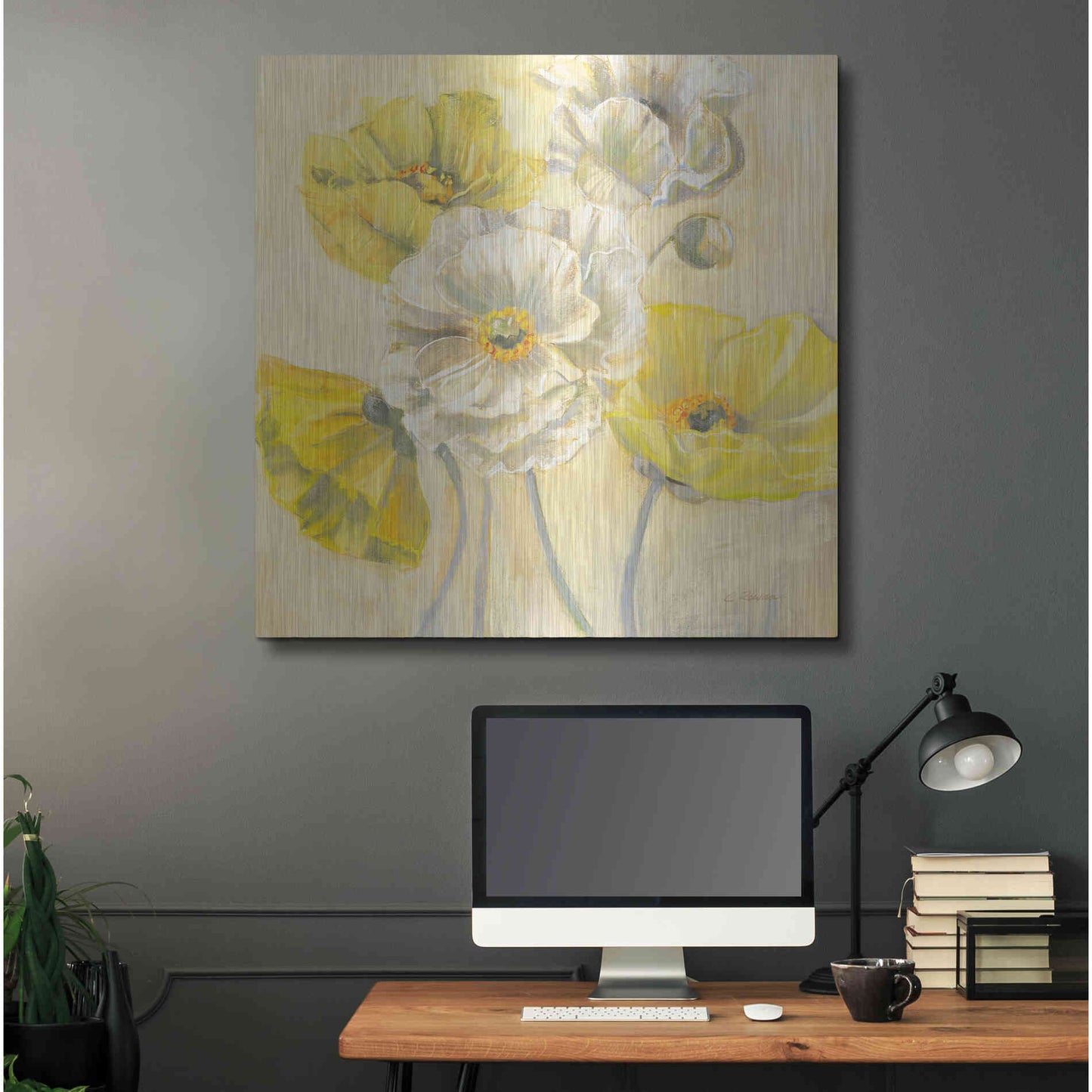 Luxe Metal Art 'Gold And White Contemporary Poppies I' by Carol Rowan, Metal Wall Art,36x36