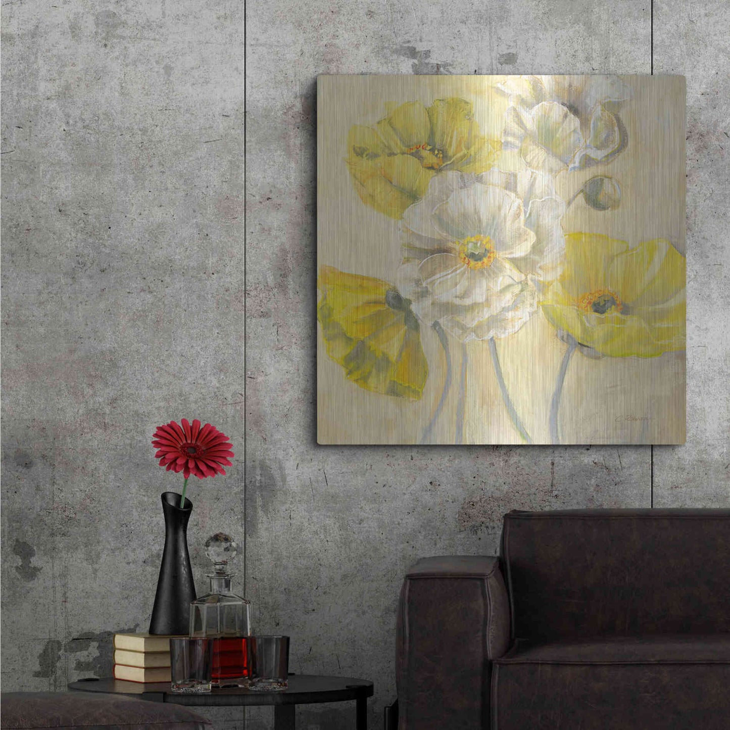 Luxe Metal Art 'Gold And White Contemporary Poppies I' by Carol Rowan, Metal Wall Art,36x36