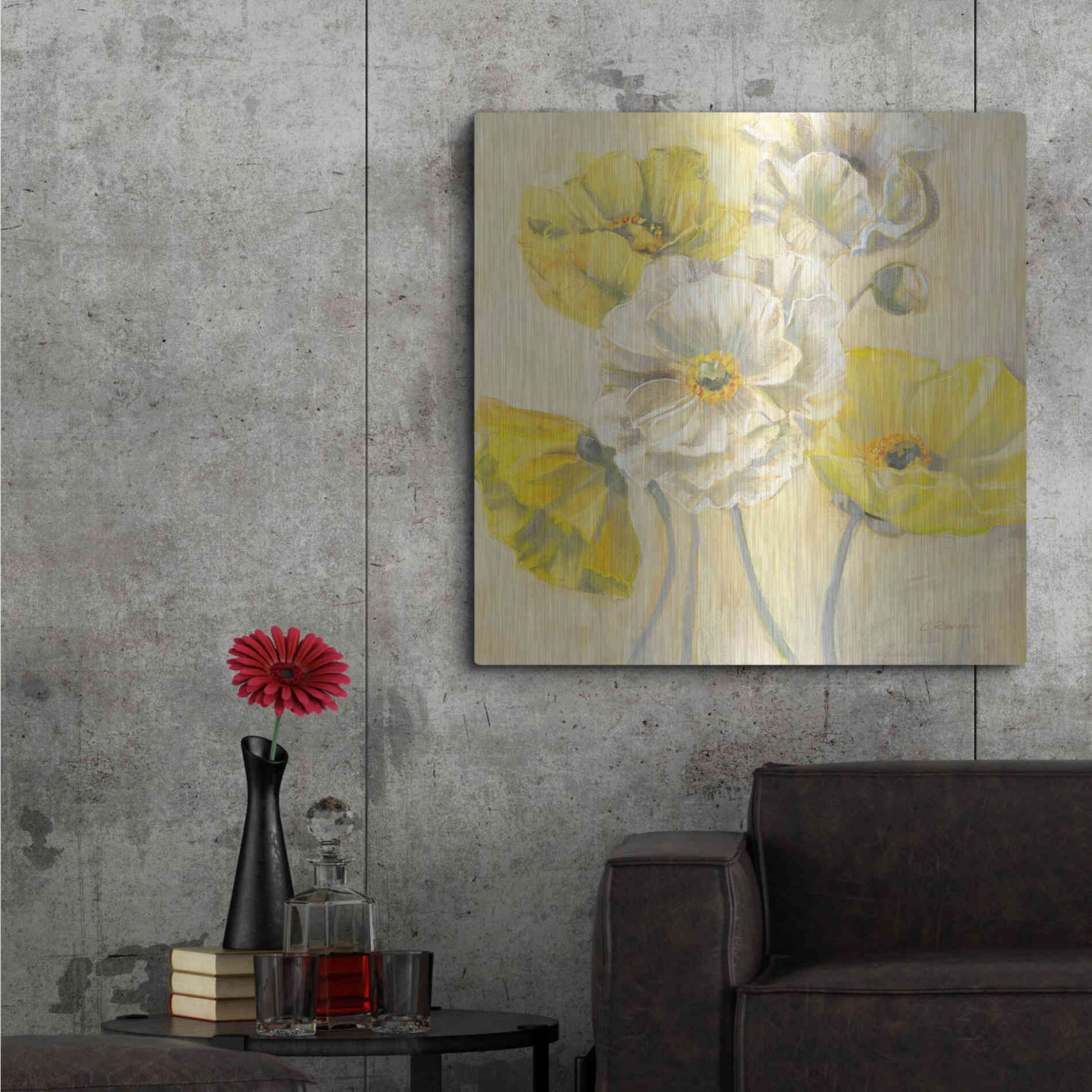 Luxe Metal Art 'Gold And White Contemporary Poppies I' by Carol Rowan, Metal Wall Art,36x36
