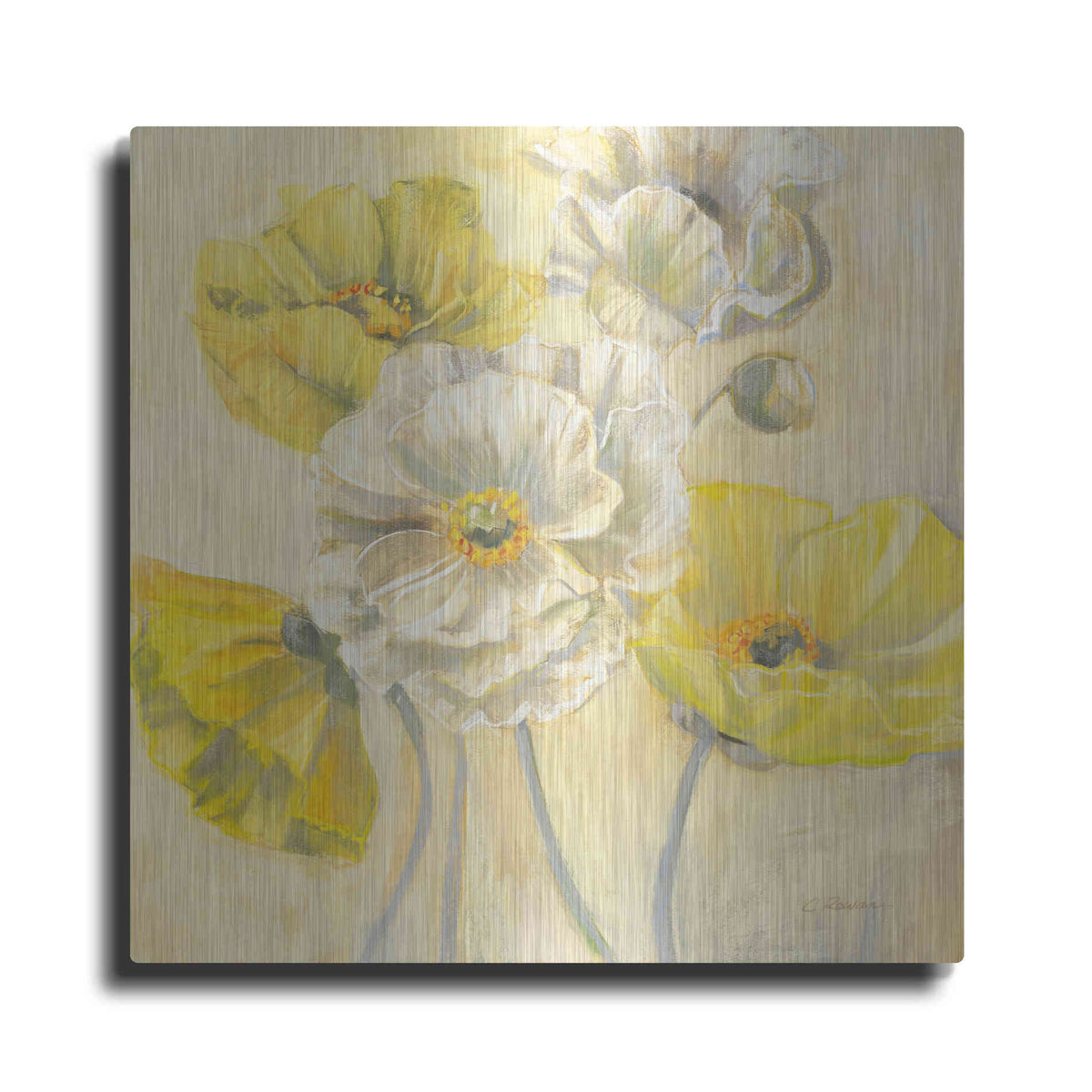 Luxe Metal Art 'Gold And White Contemporary Poppies I' by Carol Rowan, Metal Wall Art