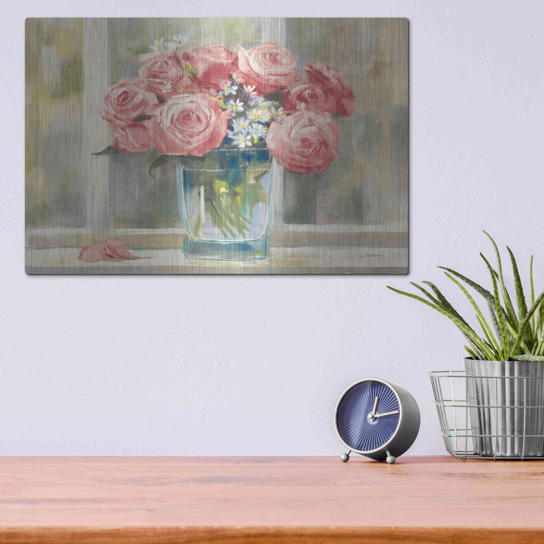 Luxe Metal Art 'Pink Roses' by Carol Rowan, Metal Wall Art,16x12