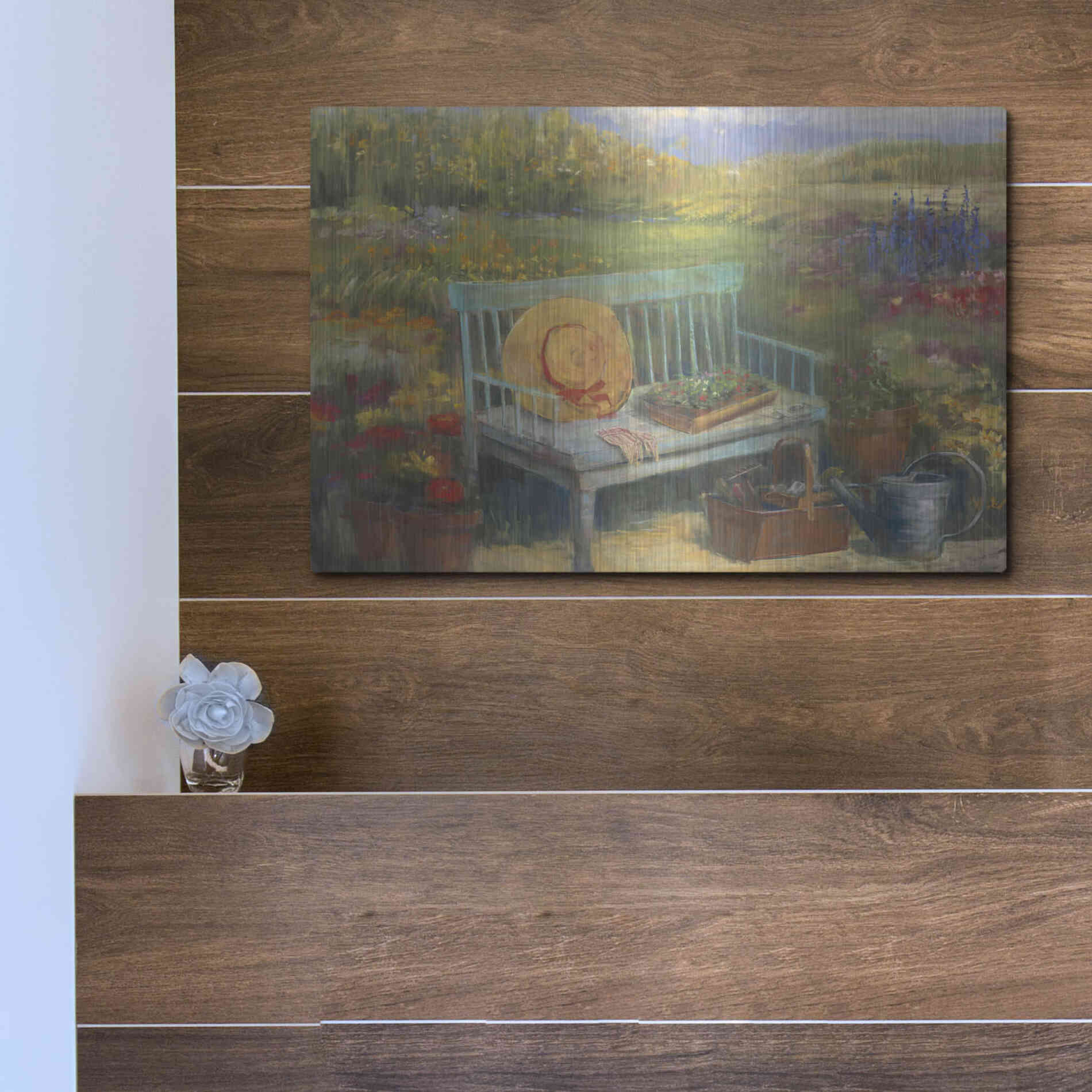 Luxe Metal Art 'Working In The Garden' by Carol Rowan, Metal Wall Art,16x12