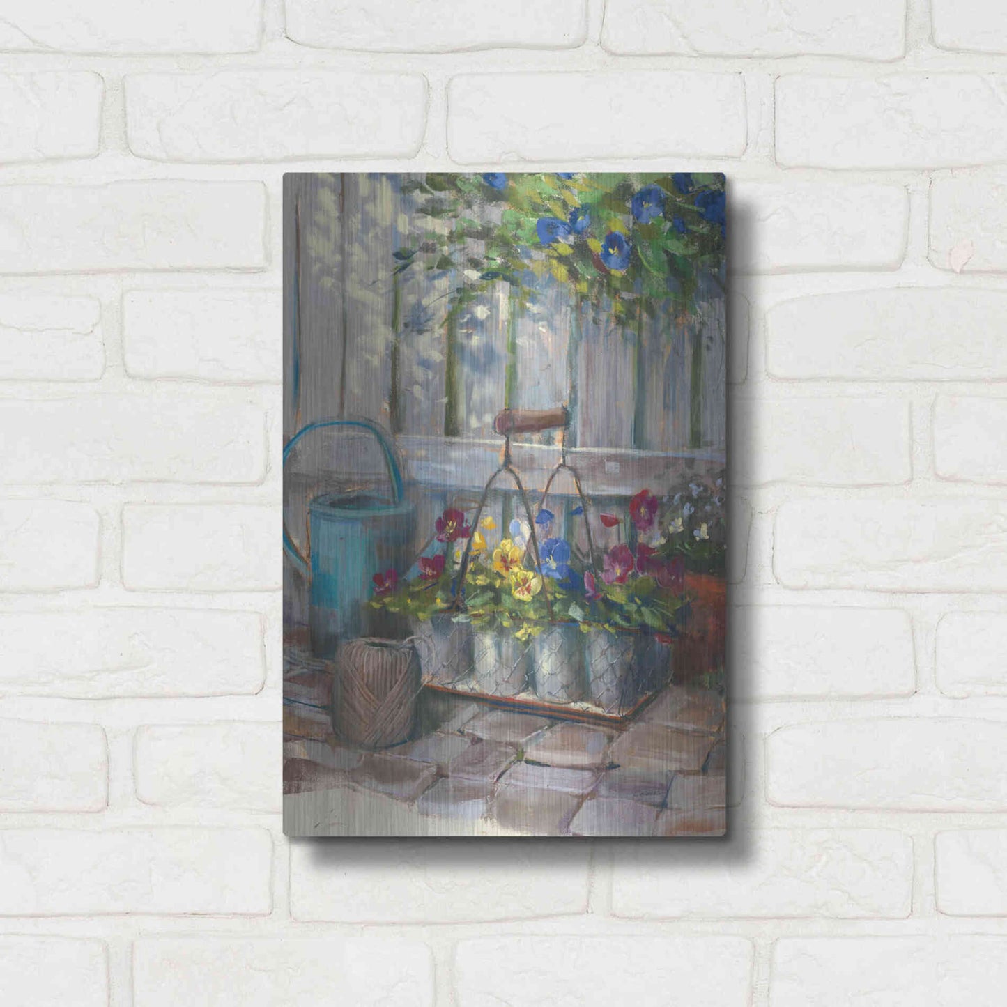 Luxe Metal Art 'Pansies In Wire Basket' by Carol Rowan, Metal Wall Art,12x16