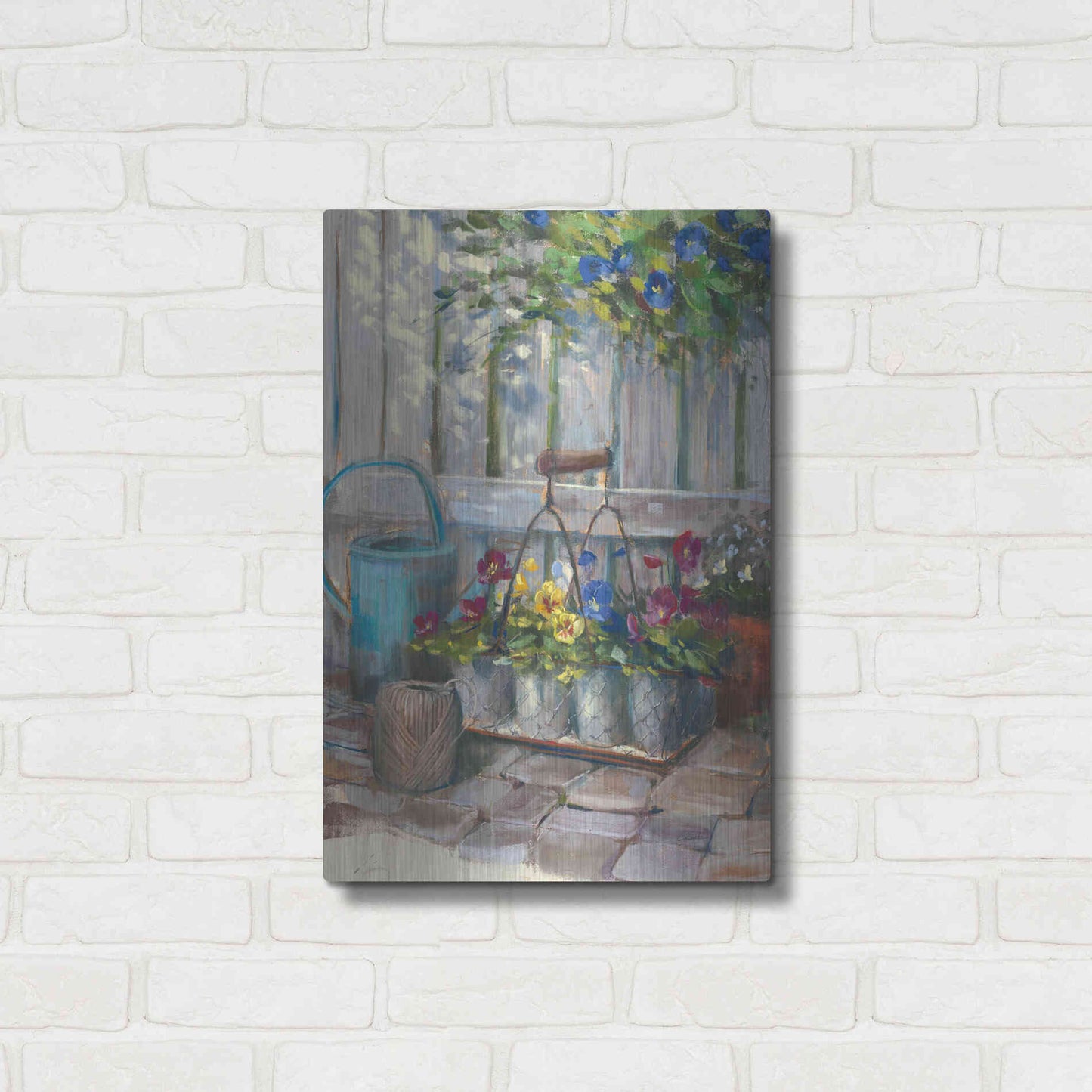 Luxe Metal Art 'Pansies In Wire Basket' by Carol Rowan, Metal Wall Art,16x24