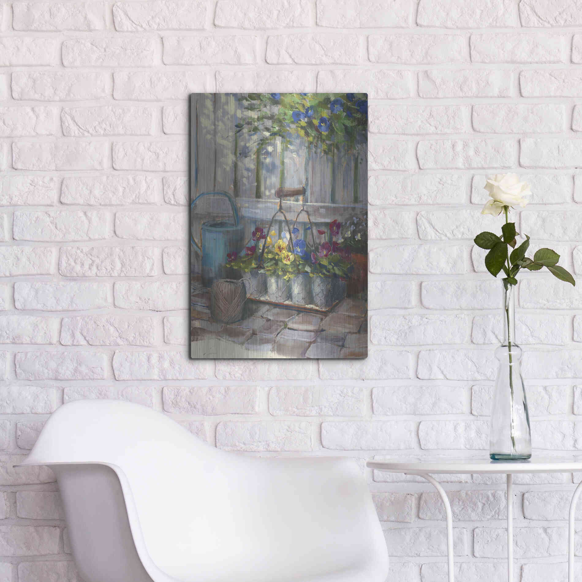 Luxe Metal Art 'Pansies In Wire Basket' by Carol Rowan, Metal Wall Art,16x24