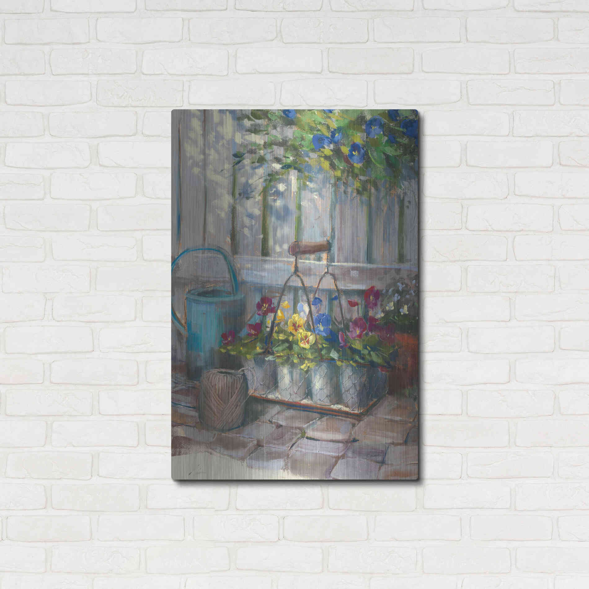 Luxe Metal Art 'Pansies In Wire Basket' by Carol Rowan, Metal Wall Art,24x36