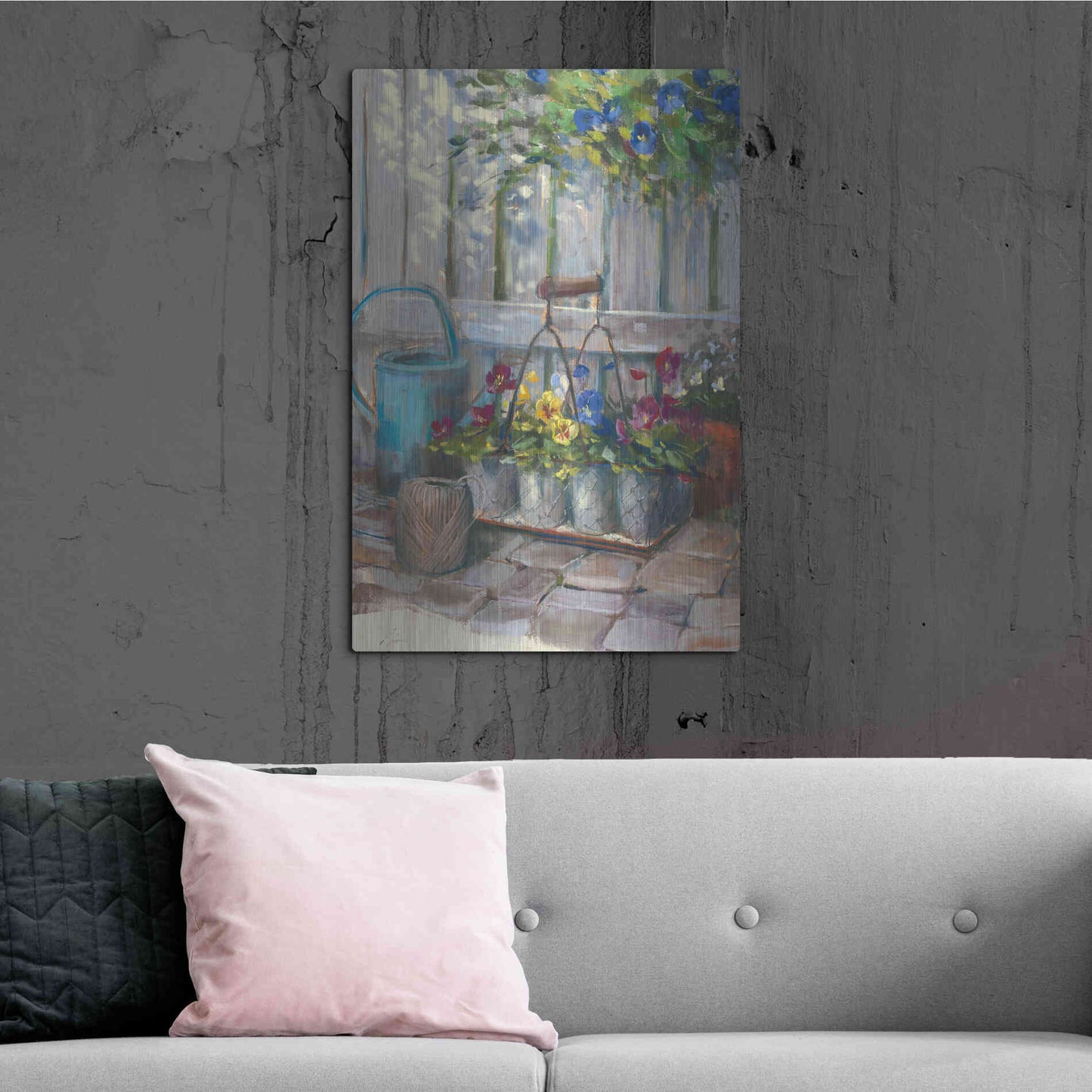 Luxe Metal Art 'Pansies In Wire Basket' by Carol Rowan, Metal Wall Art,24x36