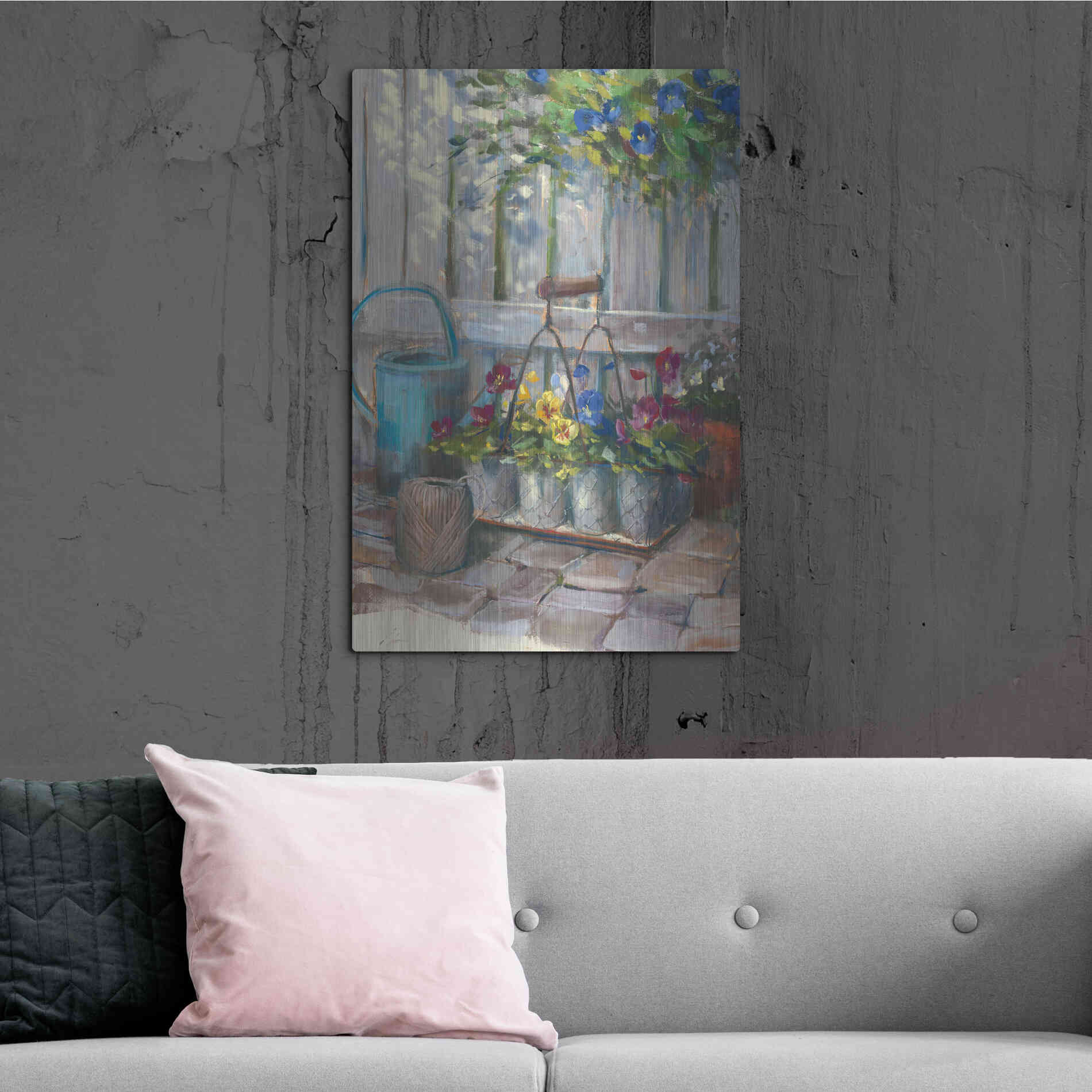 Luxe Metal Art 'Pansies In Wire Basket' by Carol Rowan, Metal Wall Art,24x36