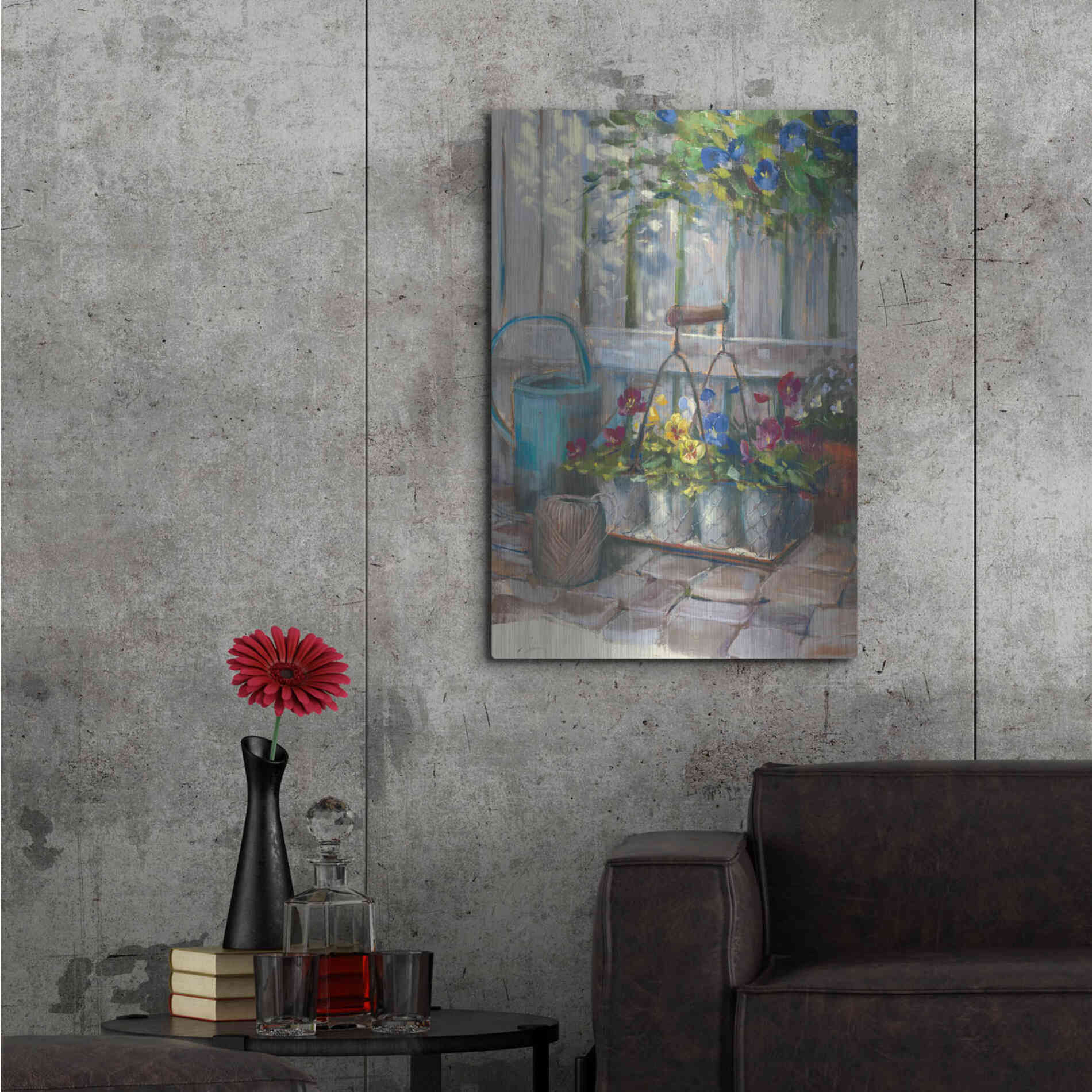 Luxe Metal Art 'Pansies In Wire Basket' by Carol Rowan, Metal Wall Art,24x36