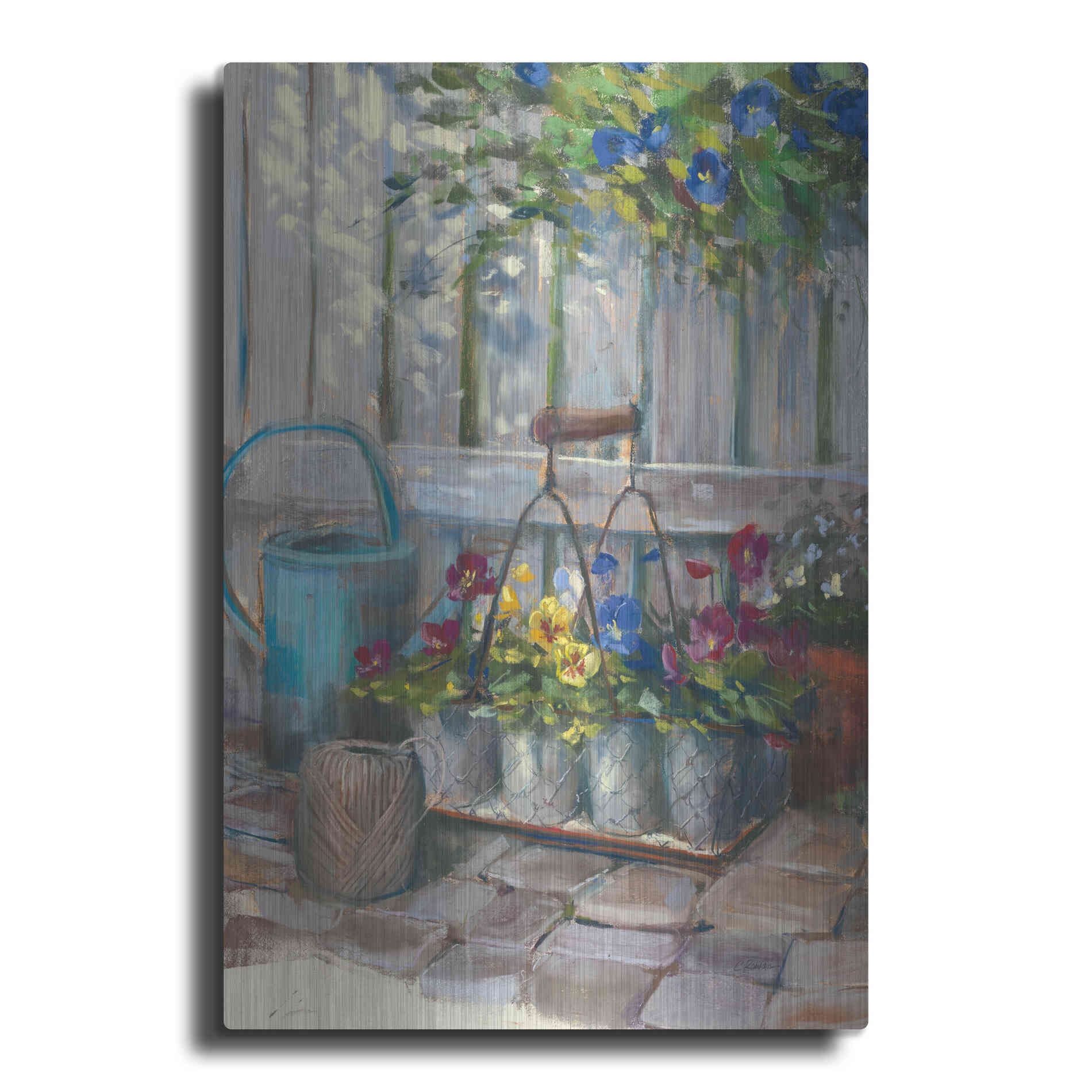 Luxe Metal Art 'Pansies In Wire Basket' by Carol Rowan, Metal Wall Art