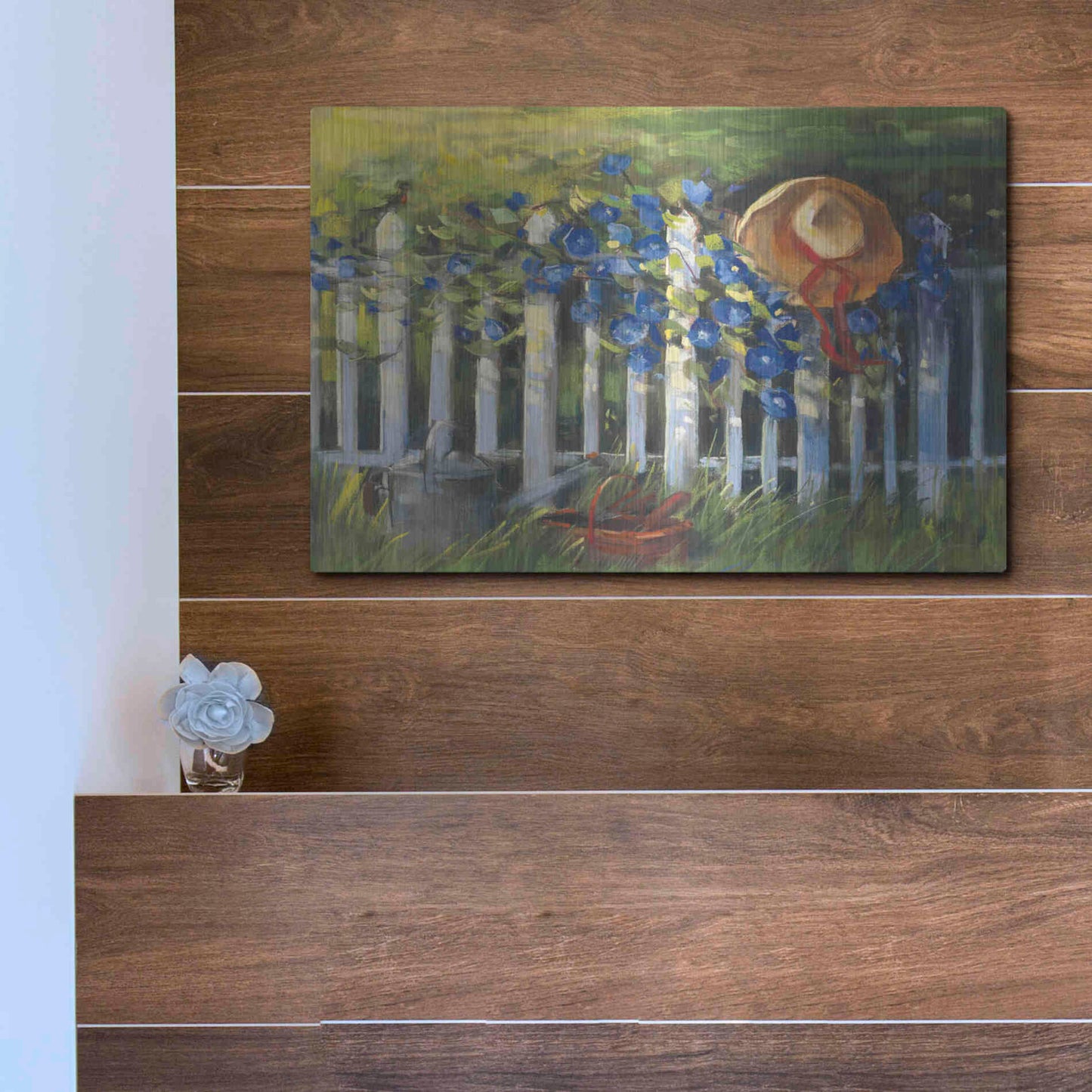 Luxe Metal Art 'Morning Glories On The Fence' by Carol Rowan, Metal Wall Art,16x12