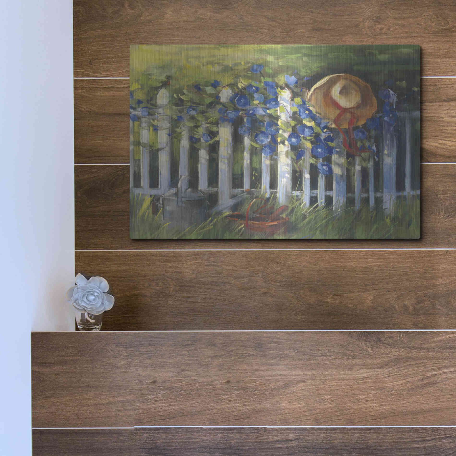 Luxe Metal Art 'Morning Glories On The Fence' by Carol Rowan, Metal Wall Art,16x12