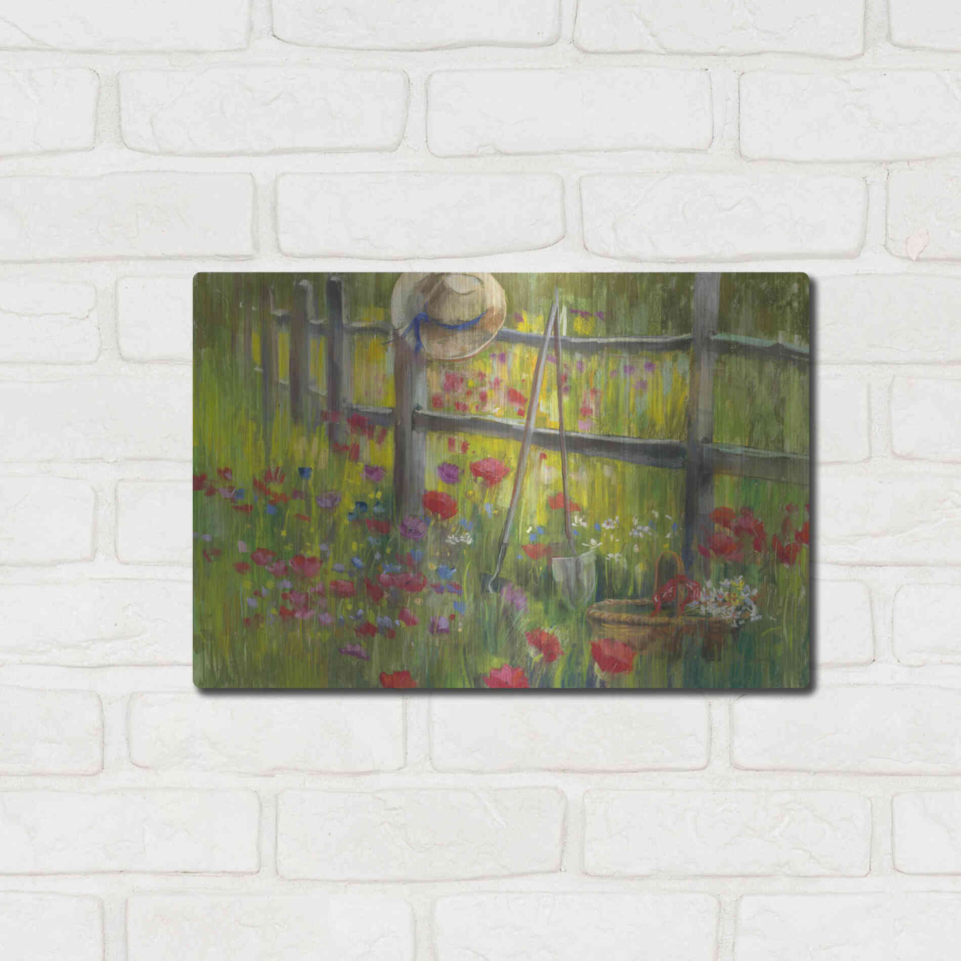 Luxe Metal Art 'Gardening By The Fence' by Carol Rowan, Metal Wall Art,16x12