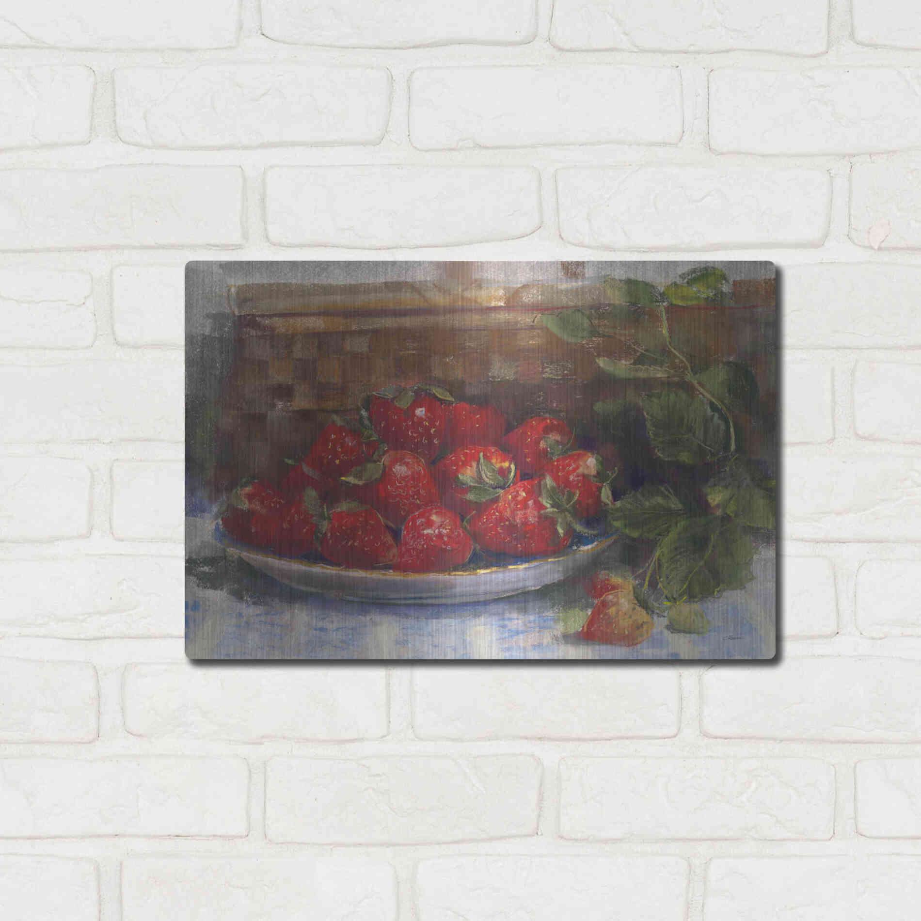 Luxe Metal Art 'Plate Of Strawberries' by Carol Rowan, Metal Wall Art,16x12