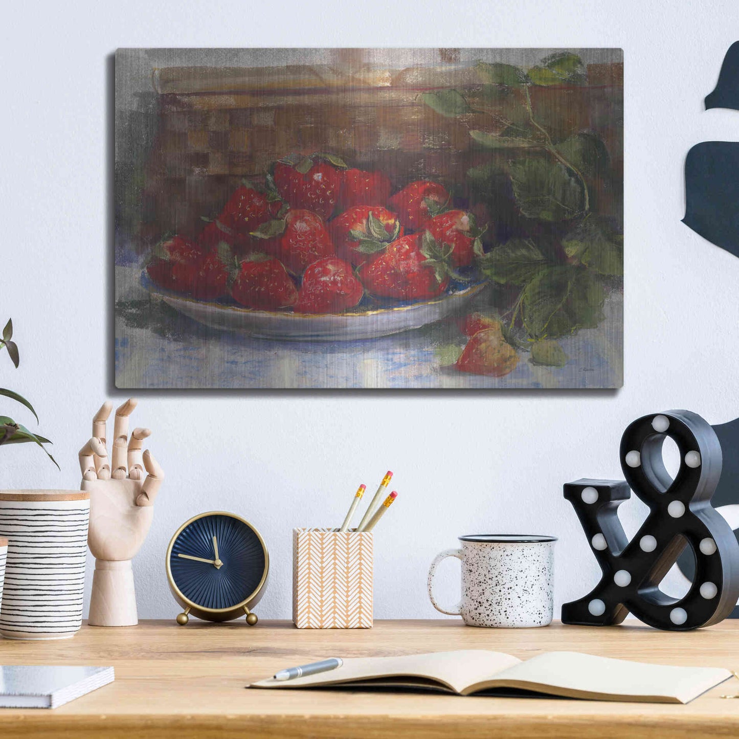 Luxe Metal Art 'Plate Of Strawberries' by Carol Rowan, Metal Wall Art,16x12