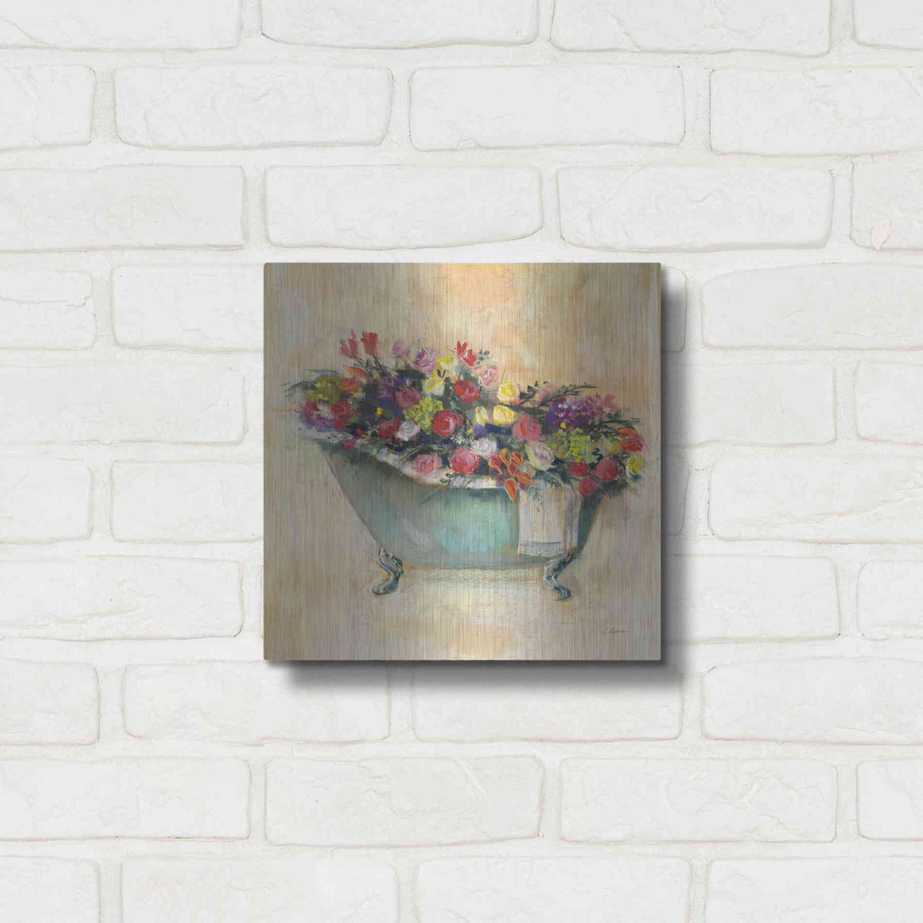 Luxe Metal Art 'Bathtub Bouquet I' by Carol Rowan, Metal Wall Art,12x12