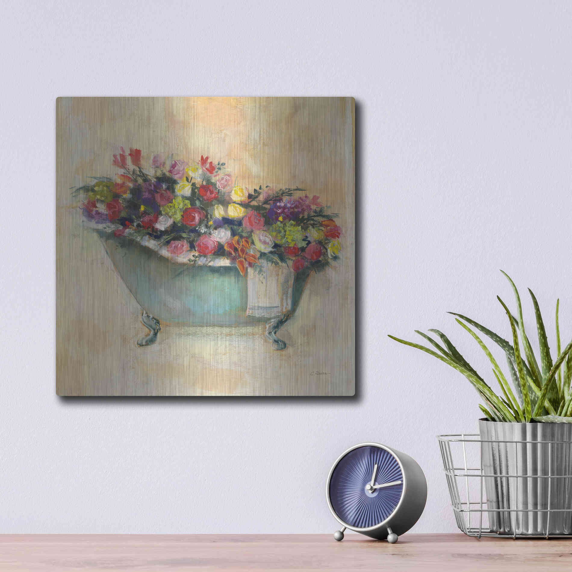 Luxe Metal Art 'Bathtub Bouquet I' by Carol Rowan, Metal Wall Art,12x12