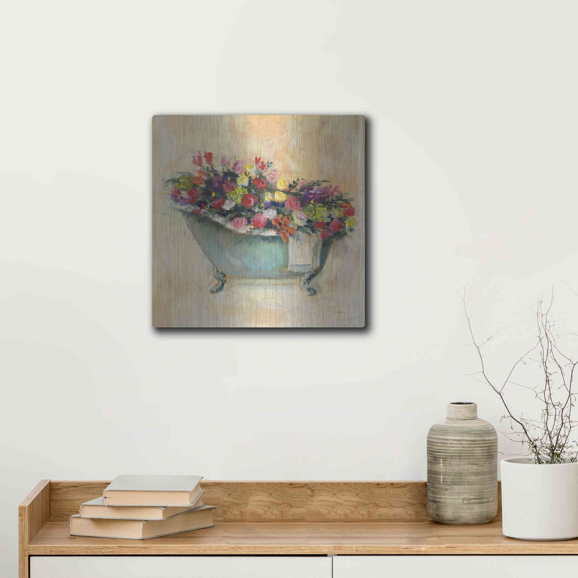 Luxe Metal Art 'Bathtub Bouquet I' by Carol Rowan, Metal Wall Art,12x12
