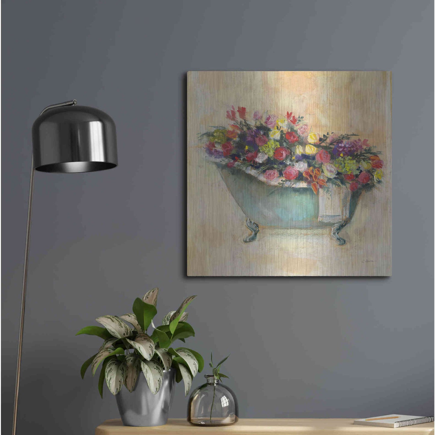 Luxe Metal Art 'Bathtub Bouquet I' by Carol Rowan, Metal Wall Art,24x24