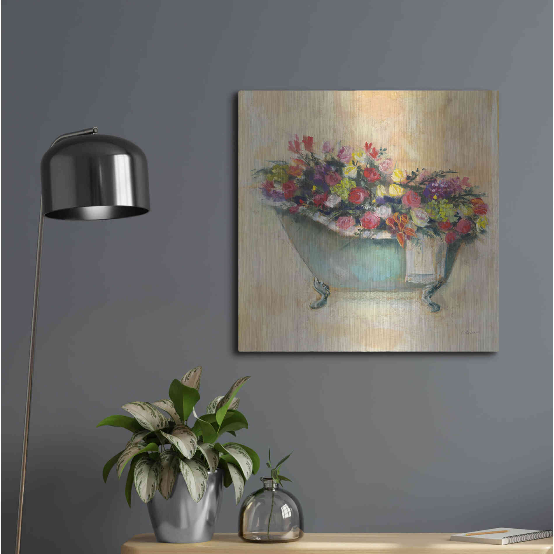 Luxe Metal Art 'Bathtub Bouquet I' by Carol Rowan, Metal Wall Art,24x24