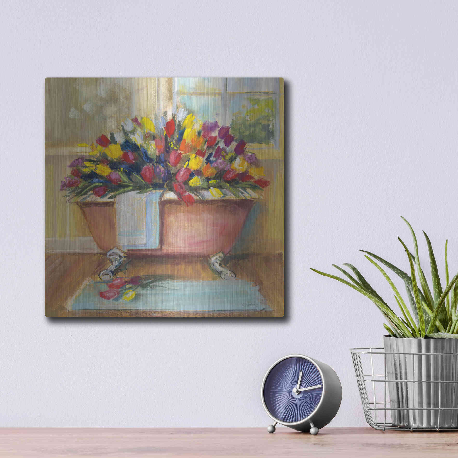 Luxe Metal Art 'Bathtub Bouquet II' by Carol Rowan, Metal Wall Art,12x12