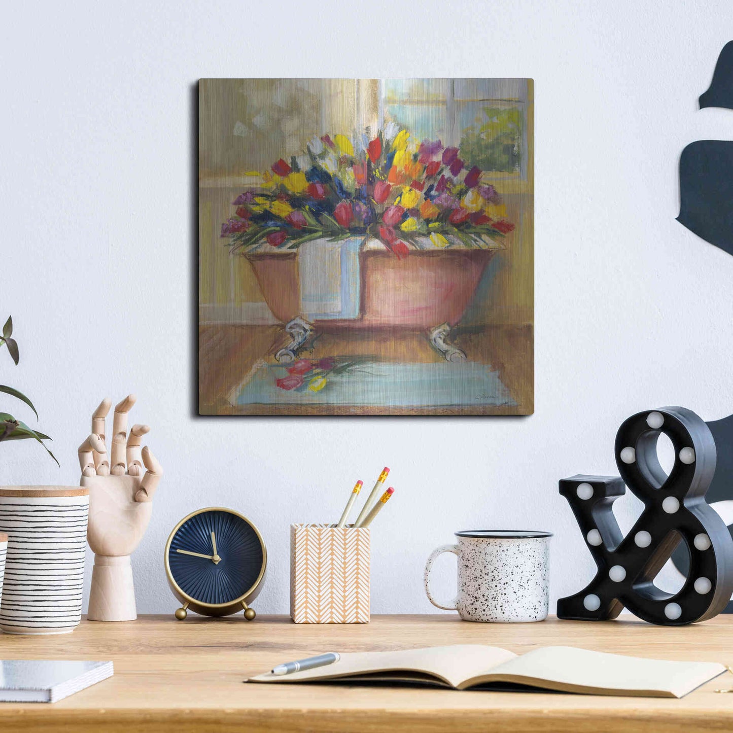 Luxe Metal Art 'Bathtub Bouquet II' by Carol Rowan, Metal Wall Art,12x12