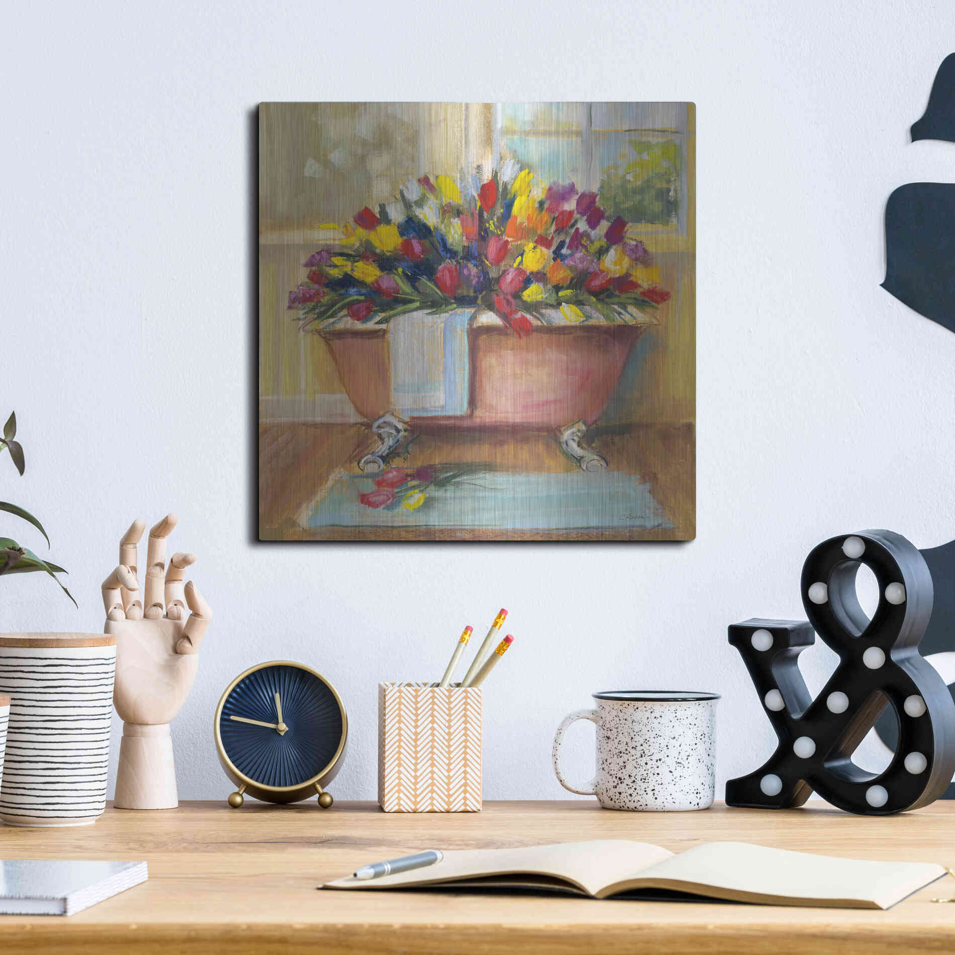 Luxe Metal Art 'Bathtub Bouquet II' by Carol Rowan, Metal Wall Art,12x12