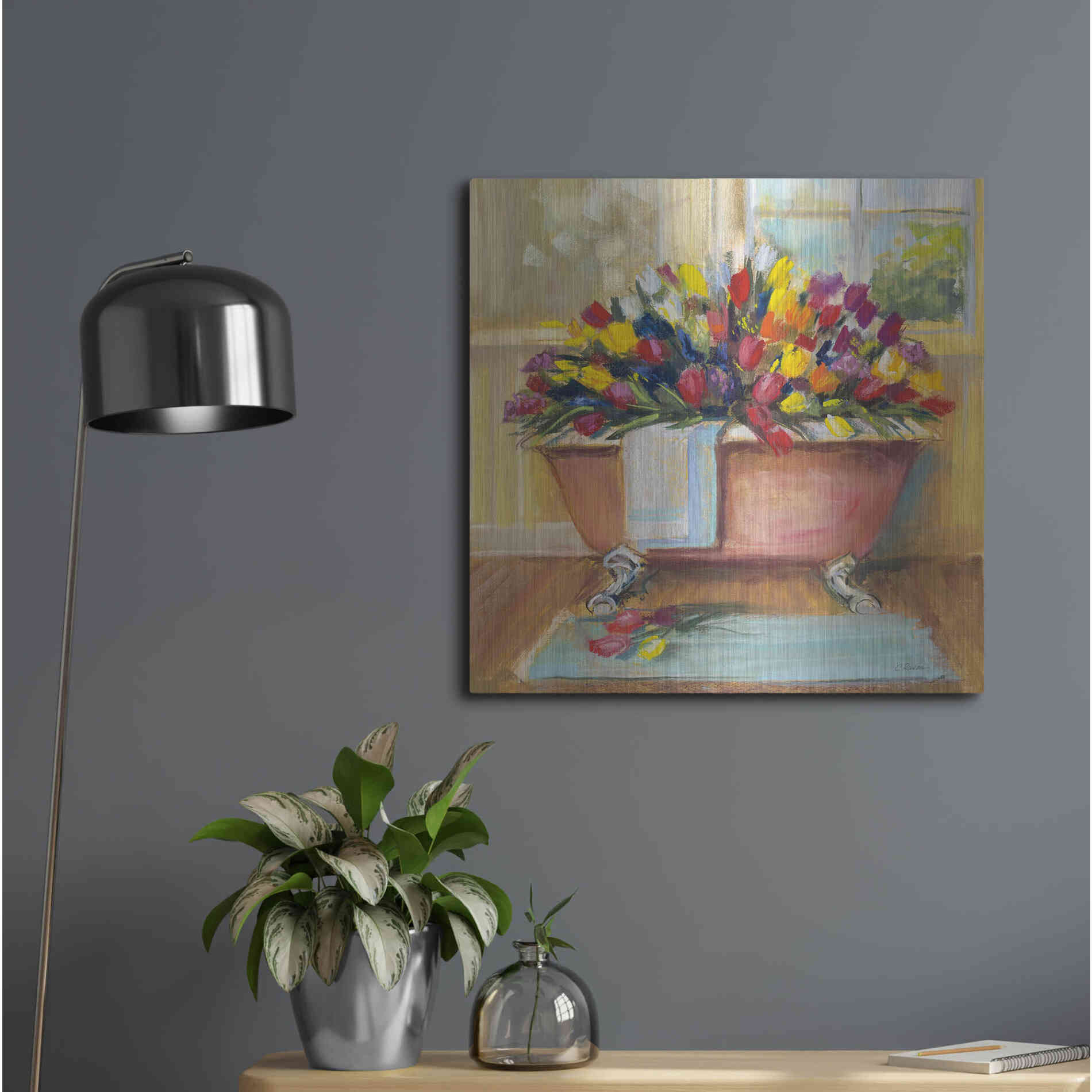Luxe Metal Art 'Bathtub Bouquet II' by Carol Rowan, Metal Wall Art,24x24