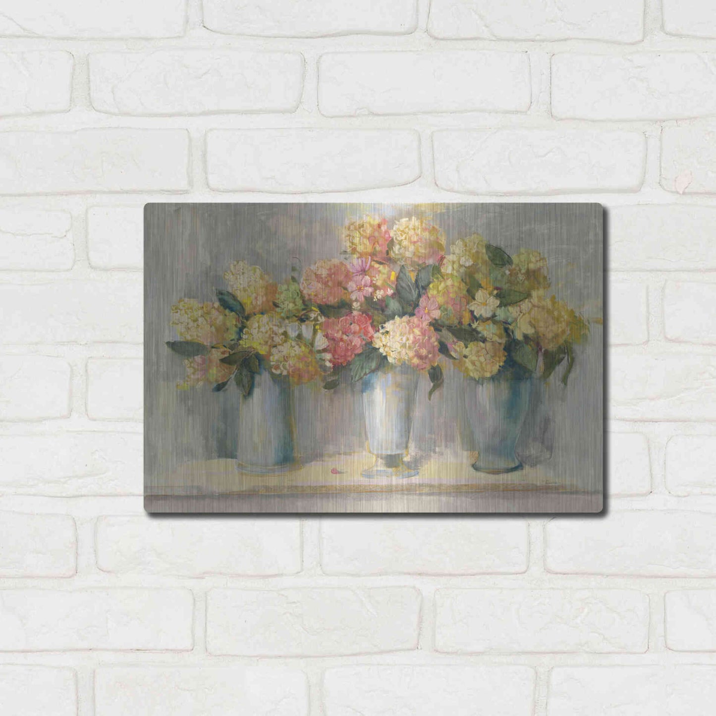 Luxe Metal Art 'IVory And Blush Hydrangea Bouquets' by Carol Rowan, Metal Wall Art,16x12