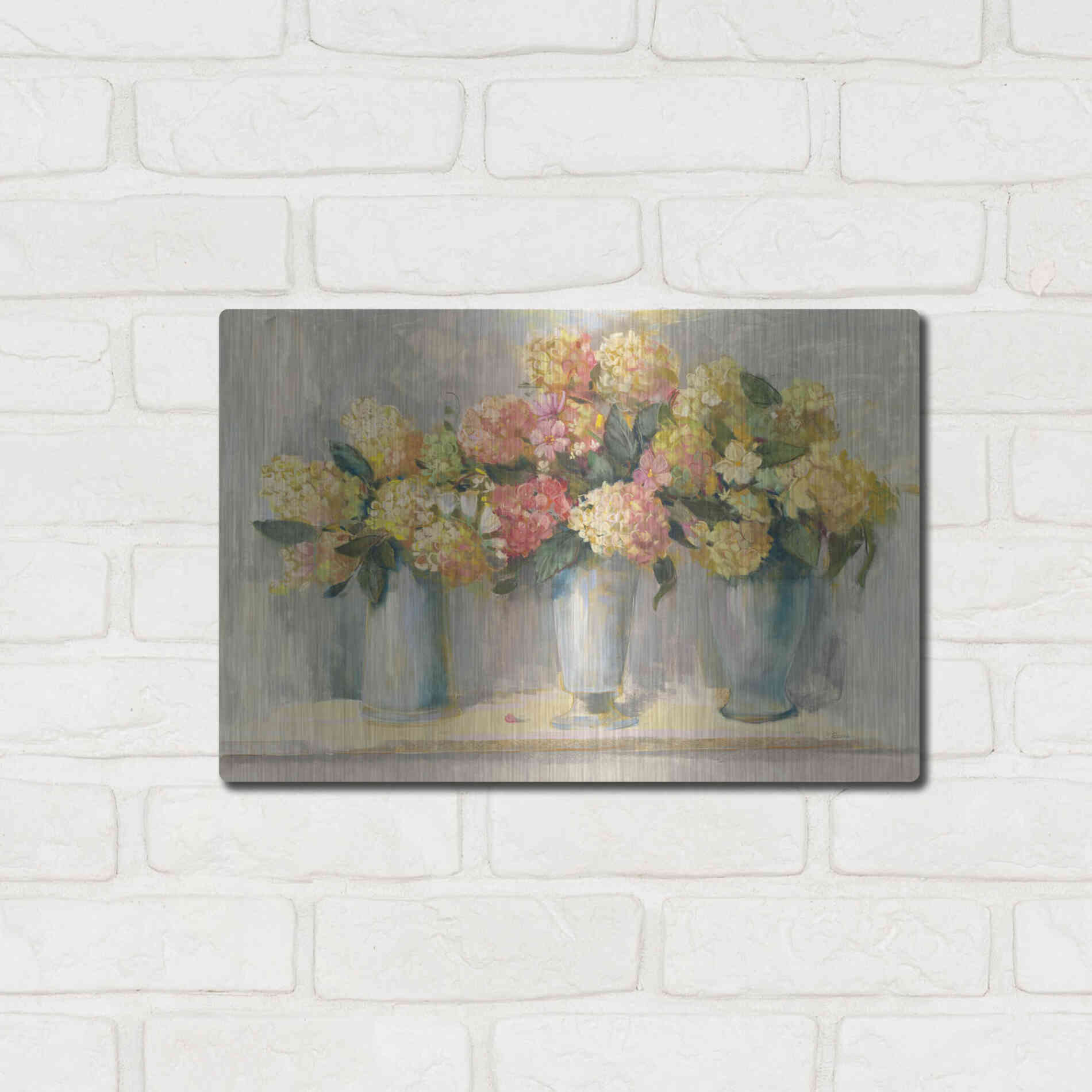 Luxe Metal Art 'IVory And Blush Hydrangea Bouquets' by Carol Rowan, Metal Wall Art,16x12