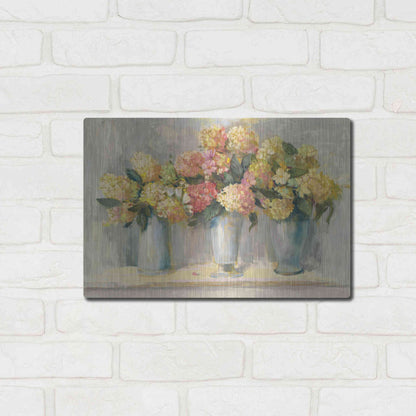 Luxe Metal Art 'IVory And Blush Hydrangea Bouquets' by Carol Rowan, Metal Wall Art,16x12