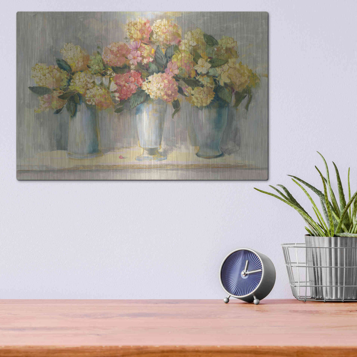 Luxe Metal Art 'IVory And Blush Hydrangea Bouquets' by Carol Rowan, Metal Wall Art,16x12