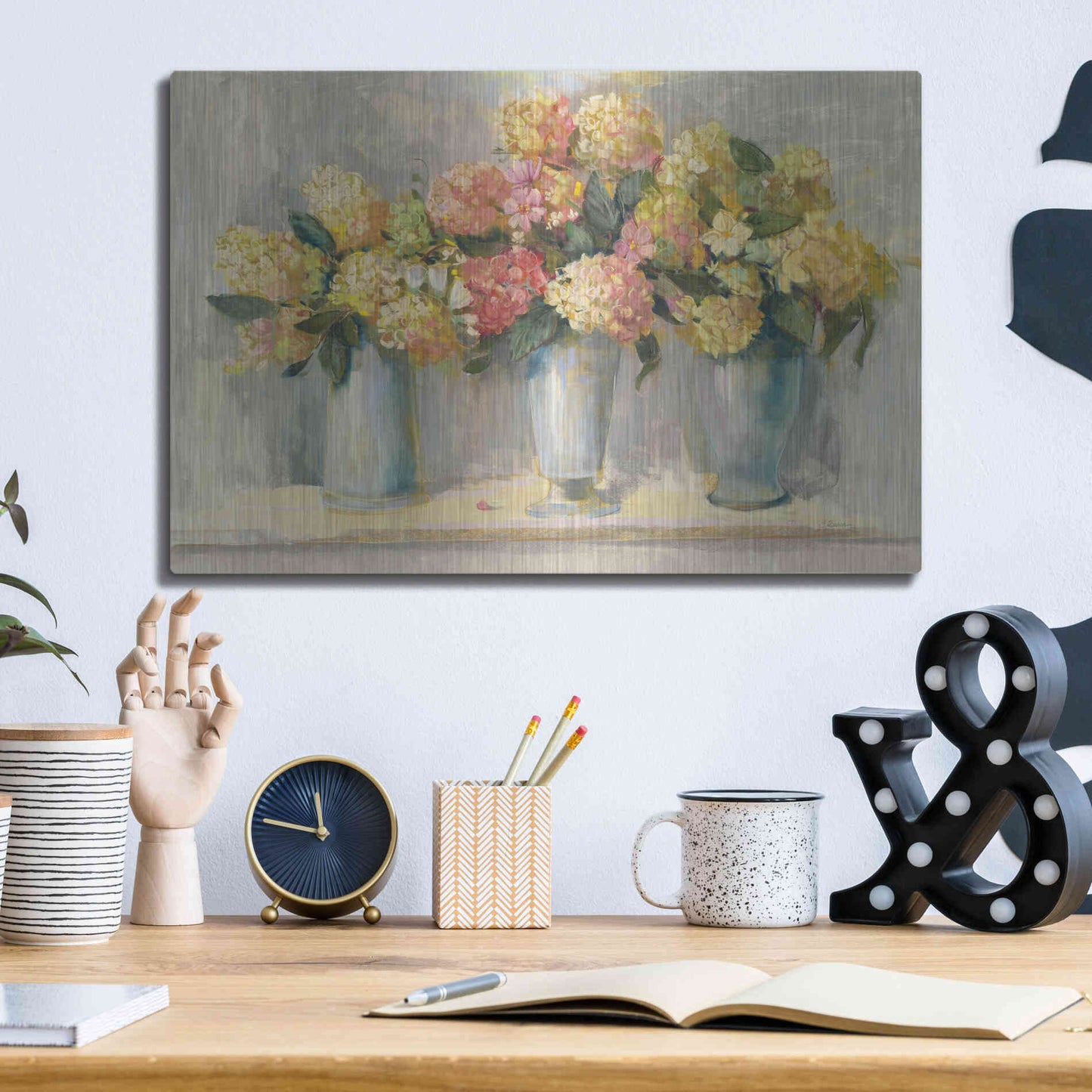 Luxe Metal Art 'IVory And Blush Hydrangea Bouquets' by Carol Rowan, Metal Wall Art,16x12